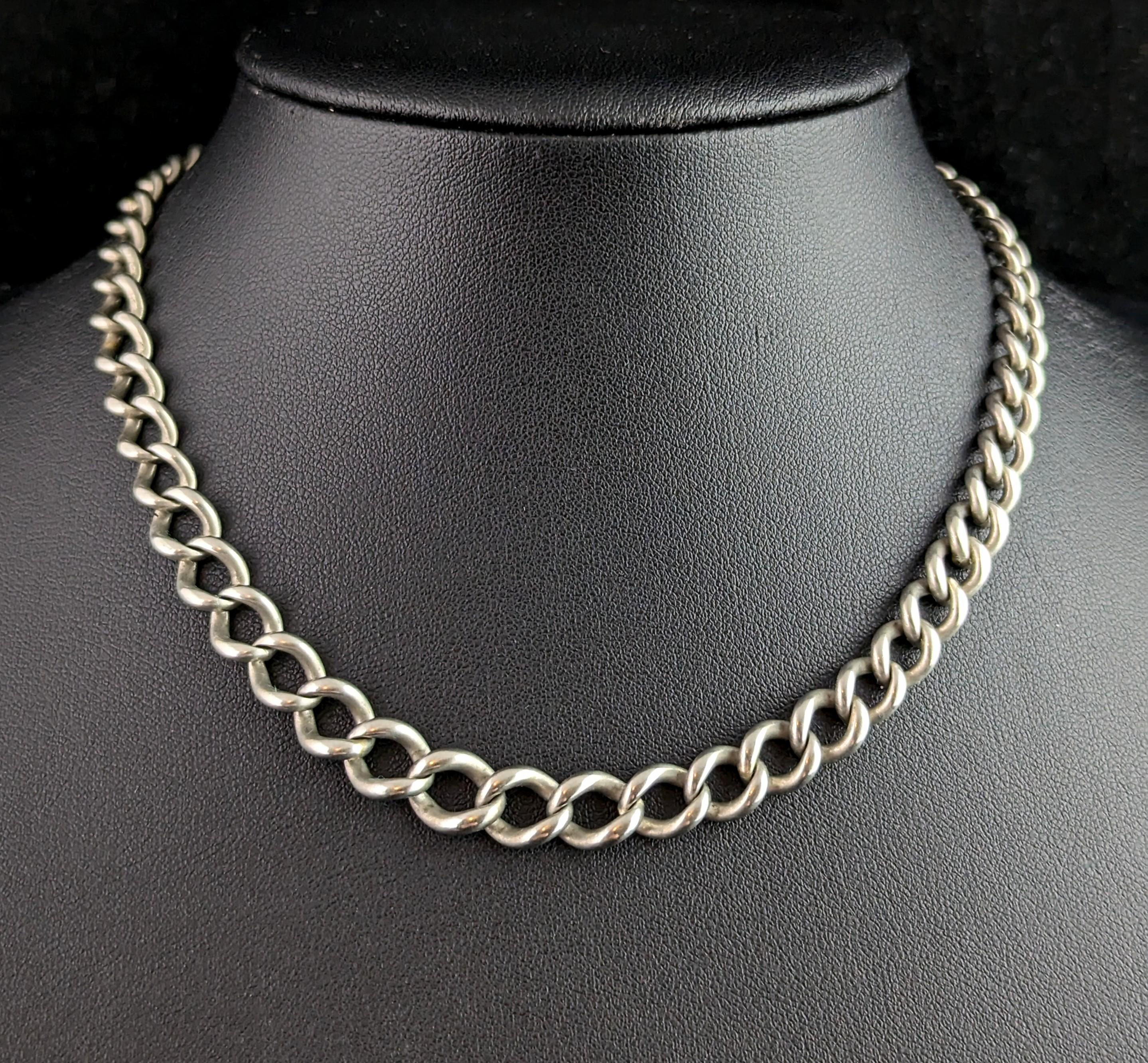 Édouardien Chaîne Albert ancienne en argent sterling, chaîne de montre à maillons ouverts en vente