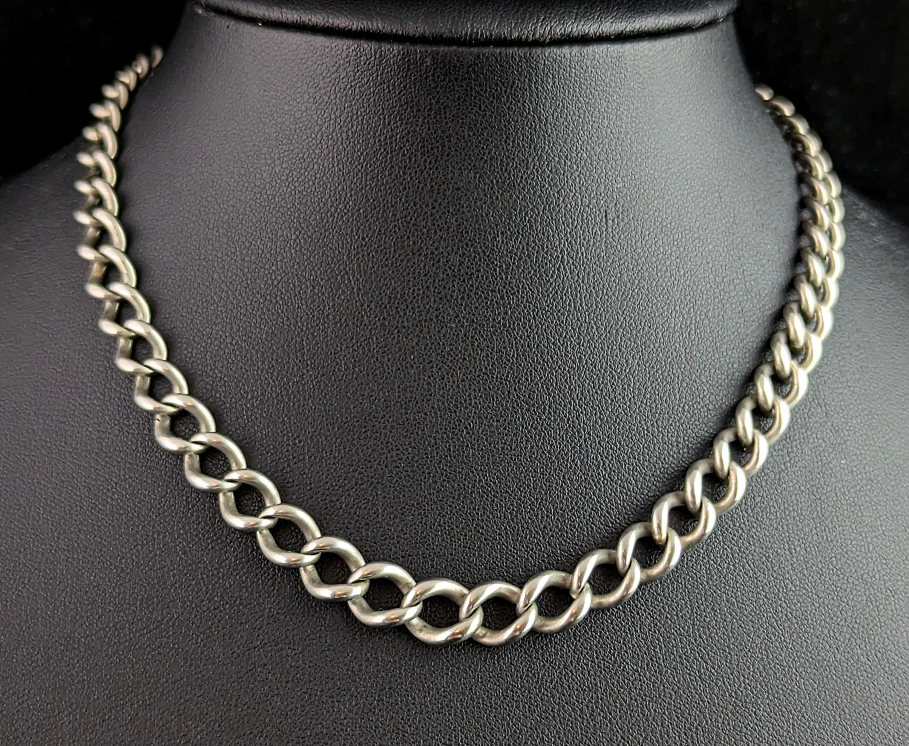 Chaîne Albert ancienne en argent sterling, chaîne de montre à maillons ouverts Unisexe en vente