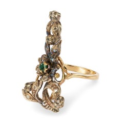 Anillo antiguo de plata de ley y oro amarillo de 14k con diamantes y esmeraldas en forma de follaje