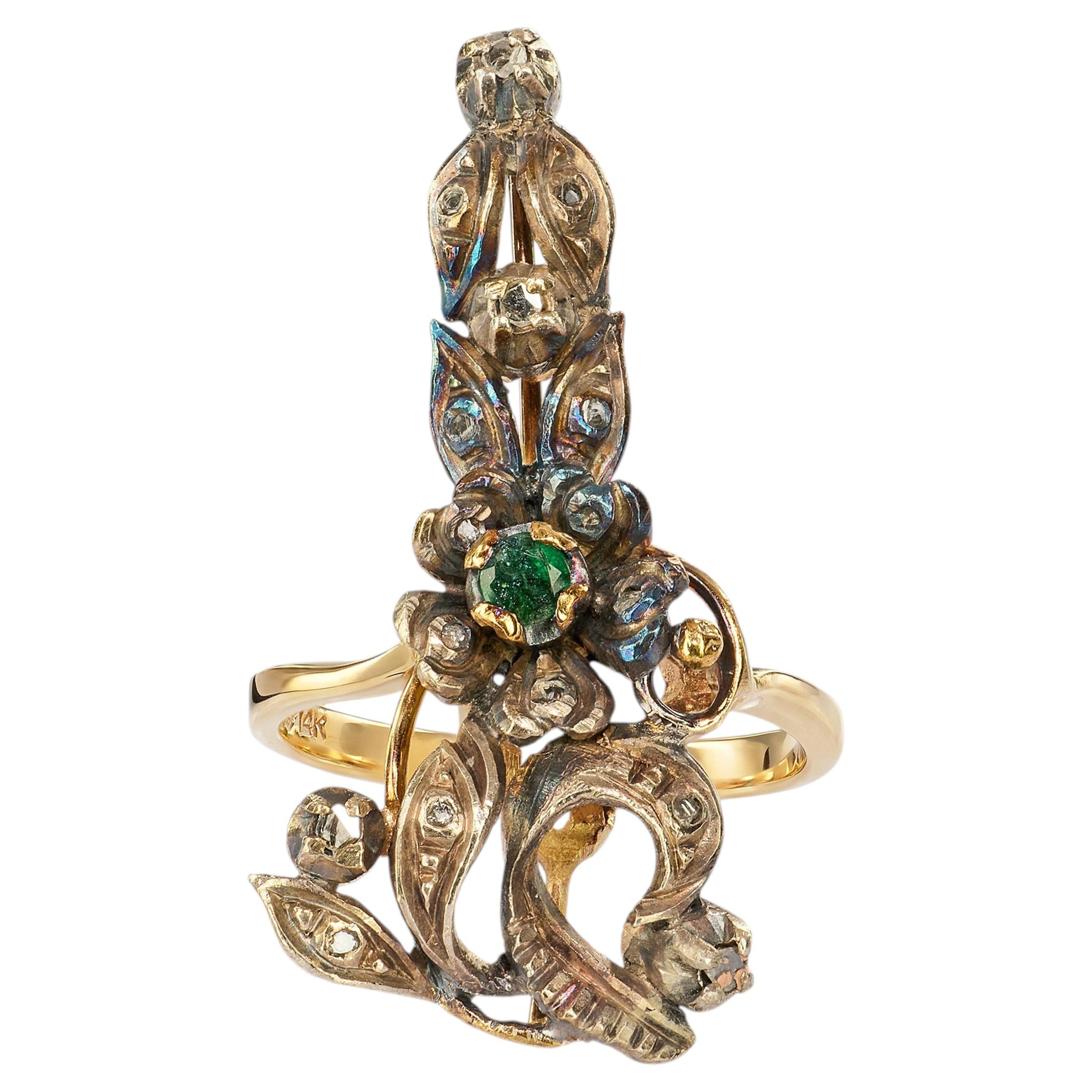 Antique Sterling Silver and 14k Yellow Gold Diamond and Emerald Foliage Ring