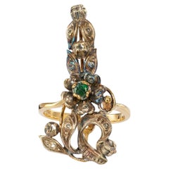 Anillo antiguo de plata de ley y oro amarillo de 14k con diamantes y esmeraldas en forma de follaje