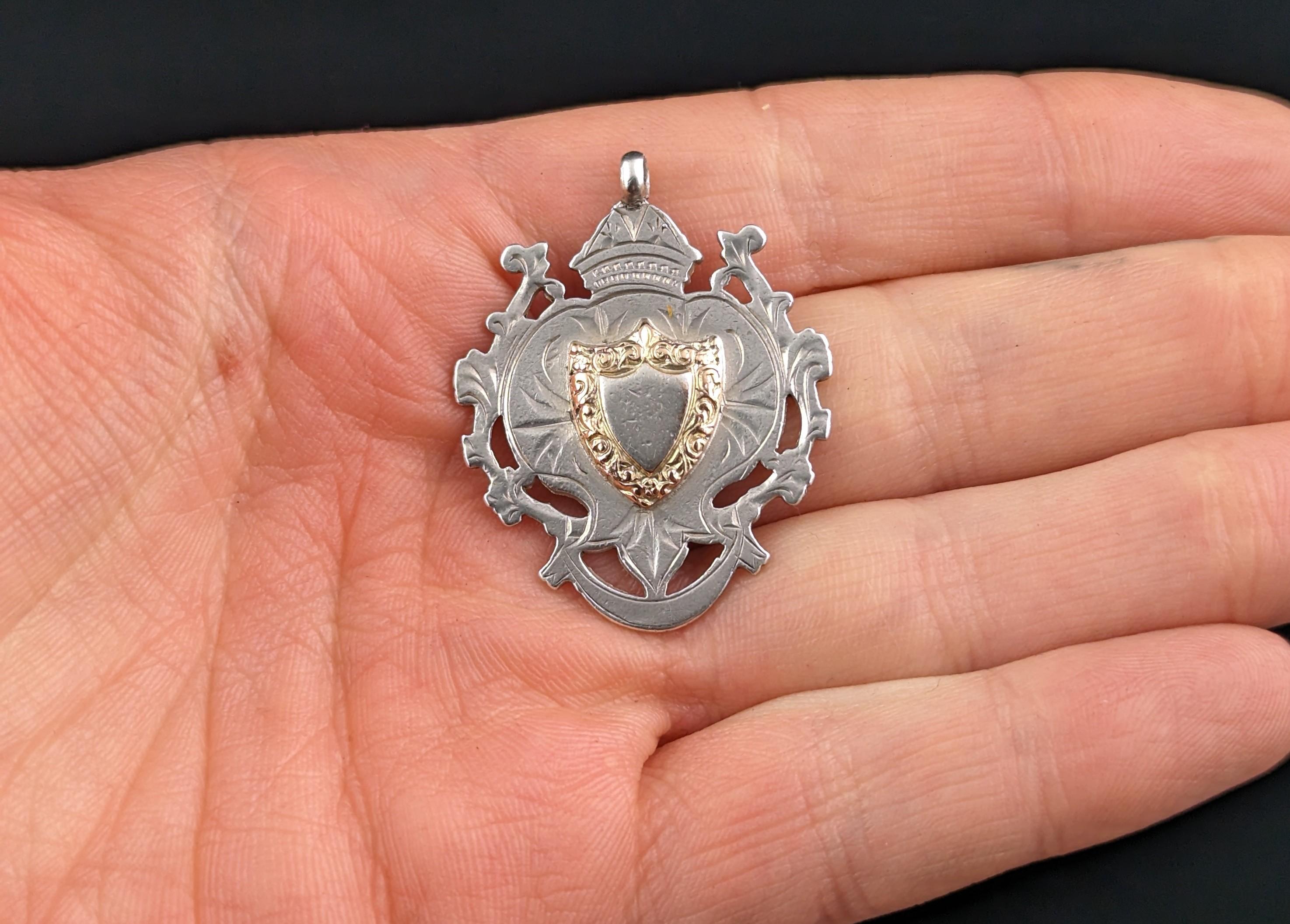 Women's or Men's Antique sterling silver and 9k gold shield fob pendant 