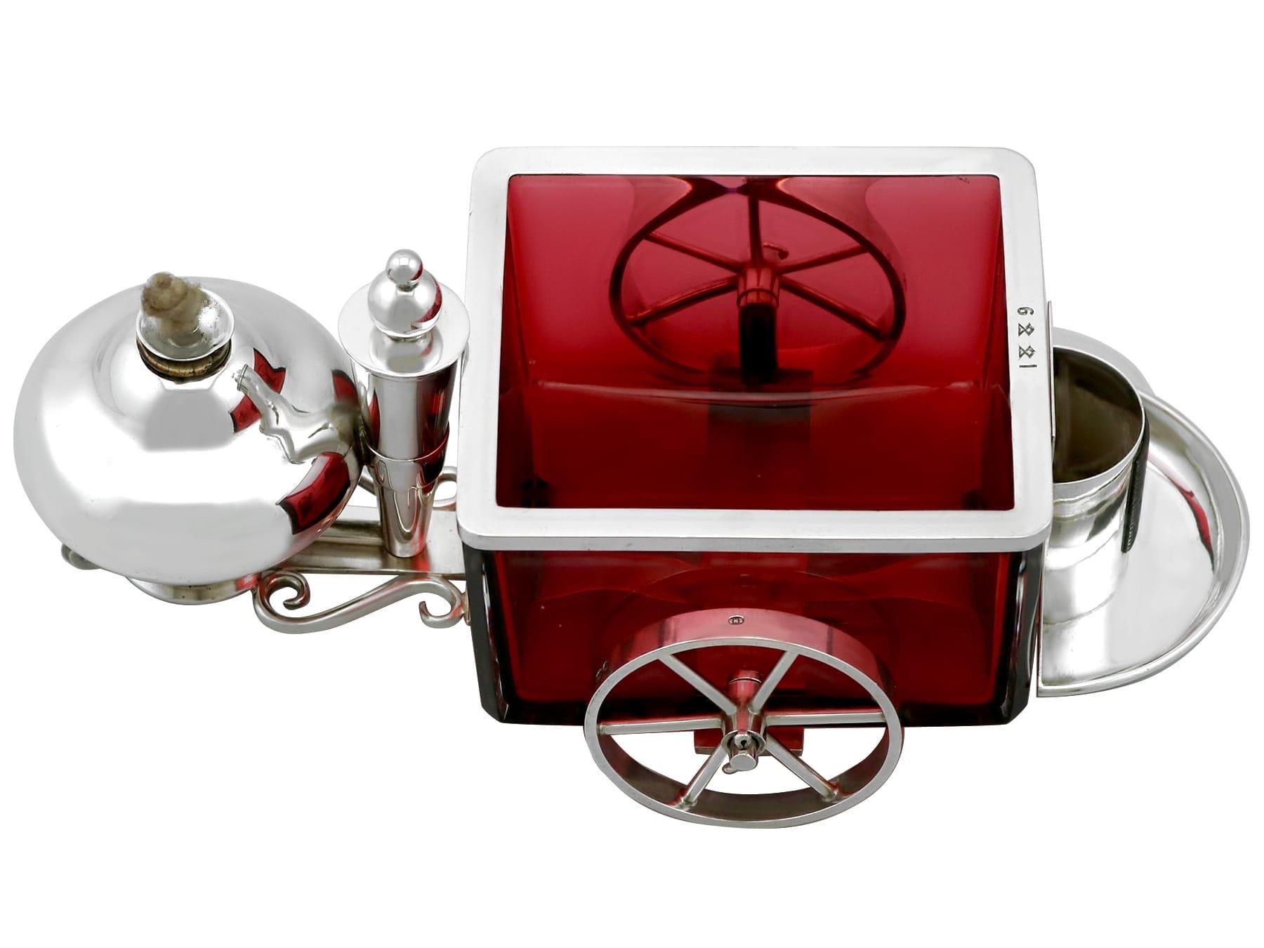 Victorian Antique Sterling Silver and Cranberry Glass Smoking Compendium Carriage For Sale