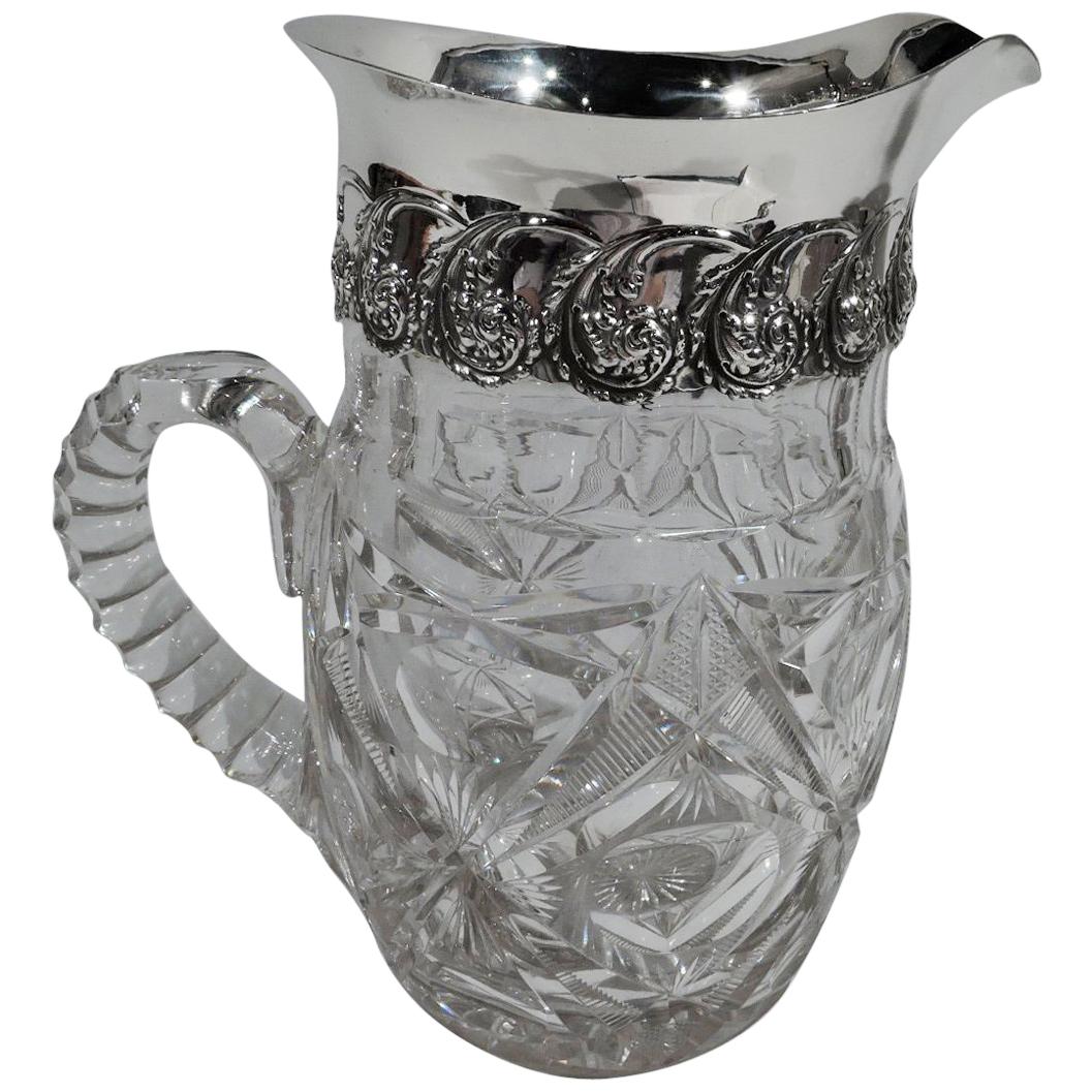 Antiker, antiker Wasserkrug aus Sterlingsilber und geschliffenem Glas von New Yorker Hersteller