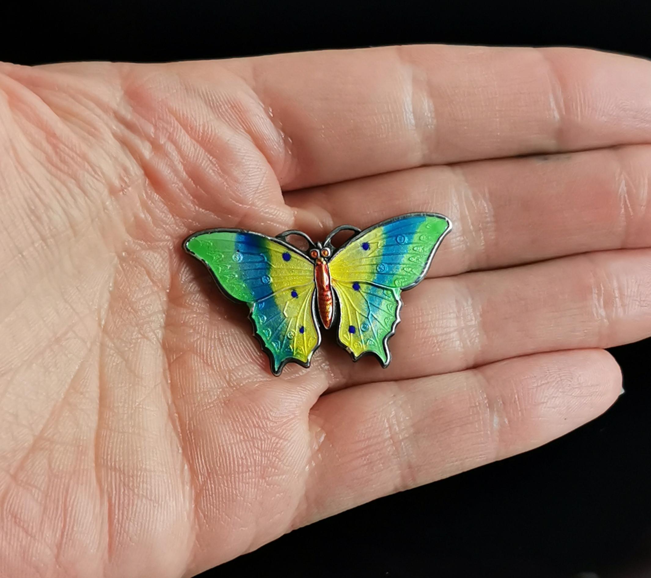 Antique Sterling Silver and Enamel Butterfly Brooch In Good Condition In NEWARK, GB