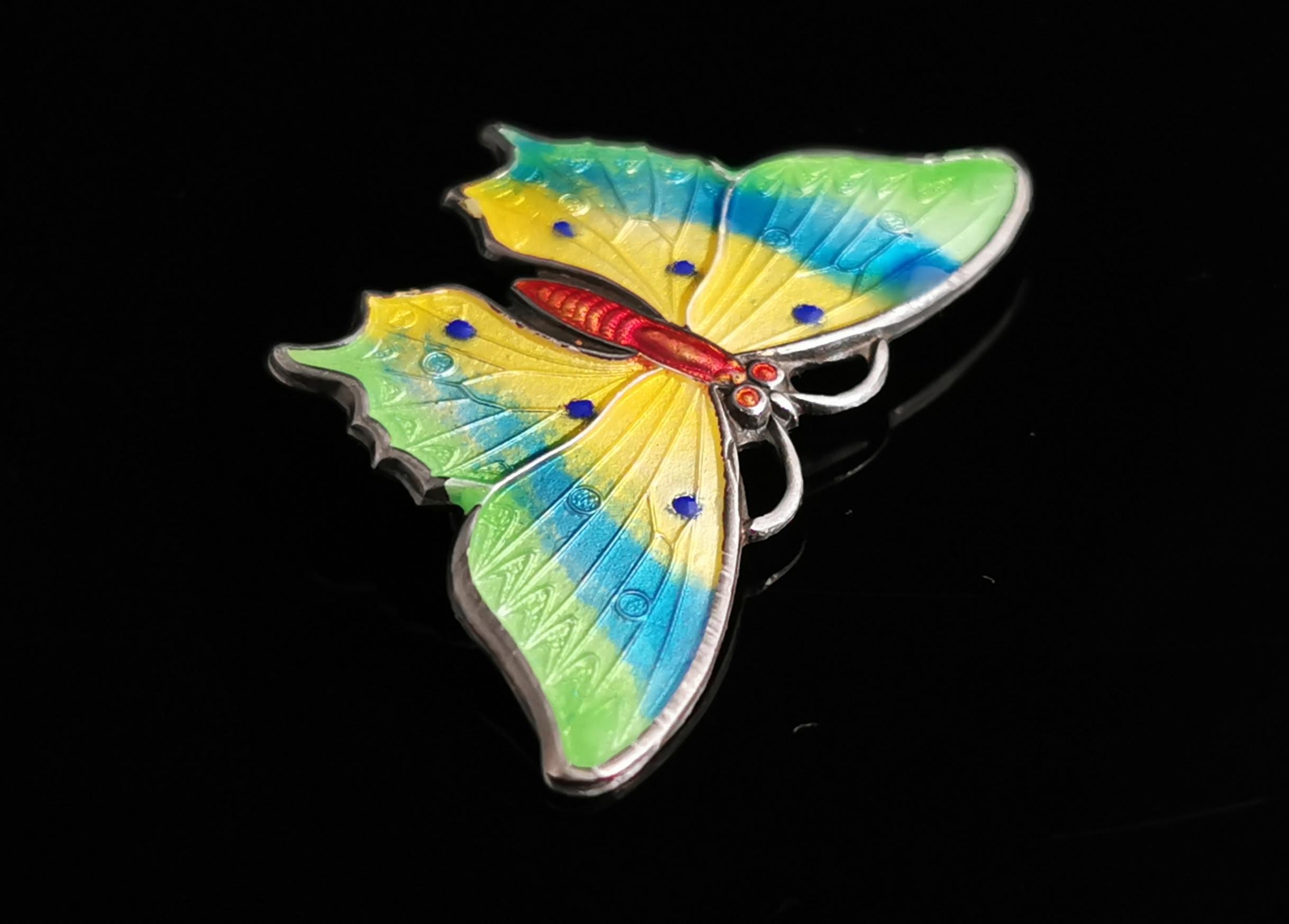 Women's or Men's Antique Sterling Silver and Enamel Butterfly Brooch