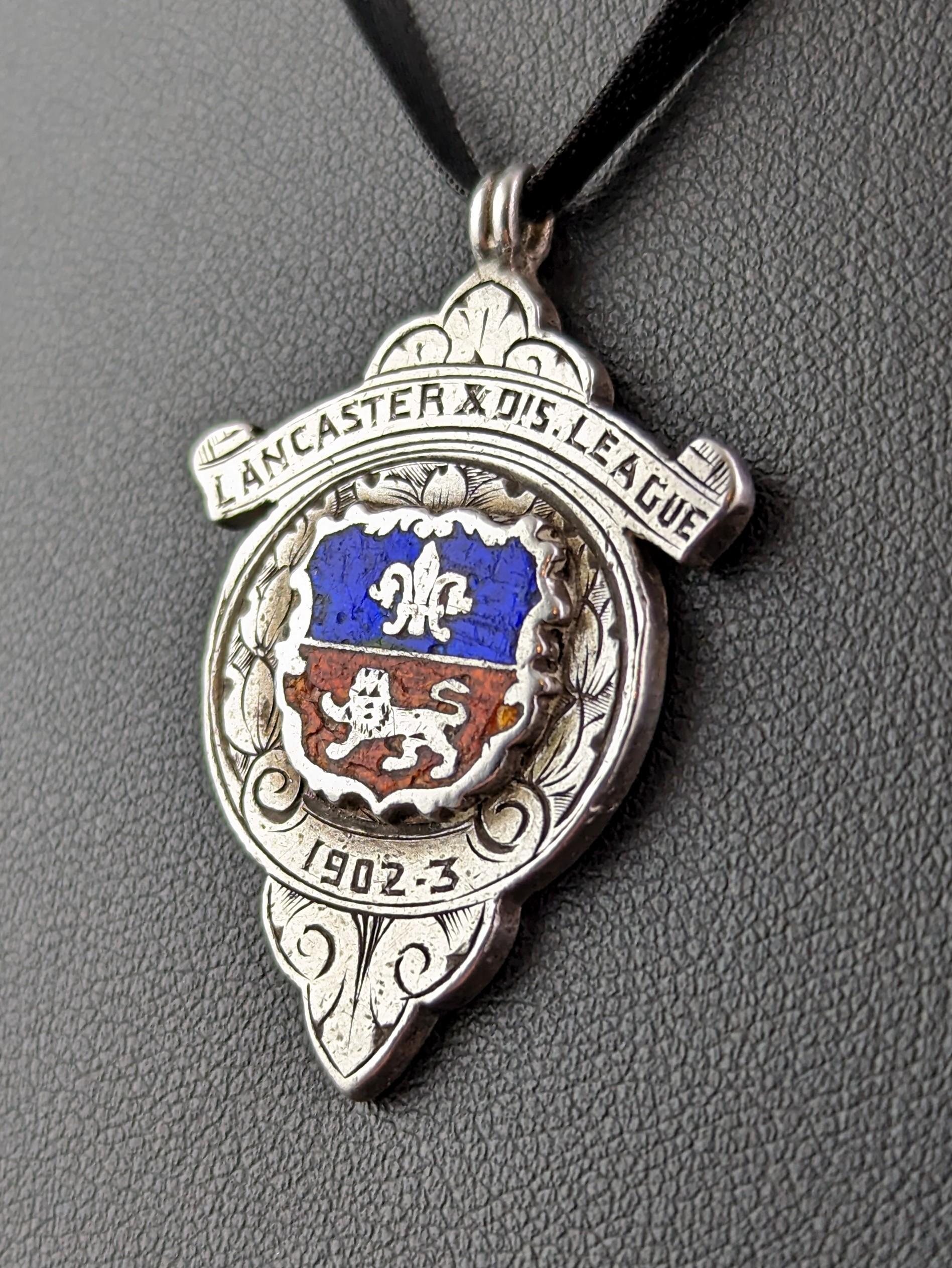 Edwardian Antique sterling silver and enamel fob pendant, Lion and Fleur de Lis  For Sale
