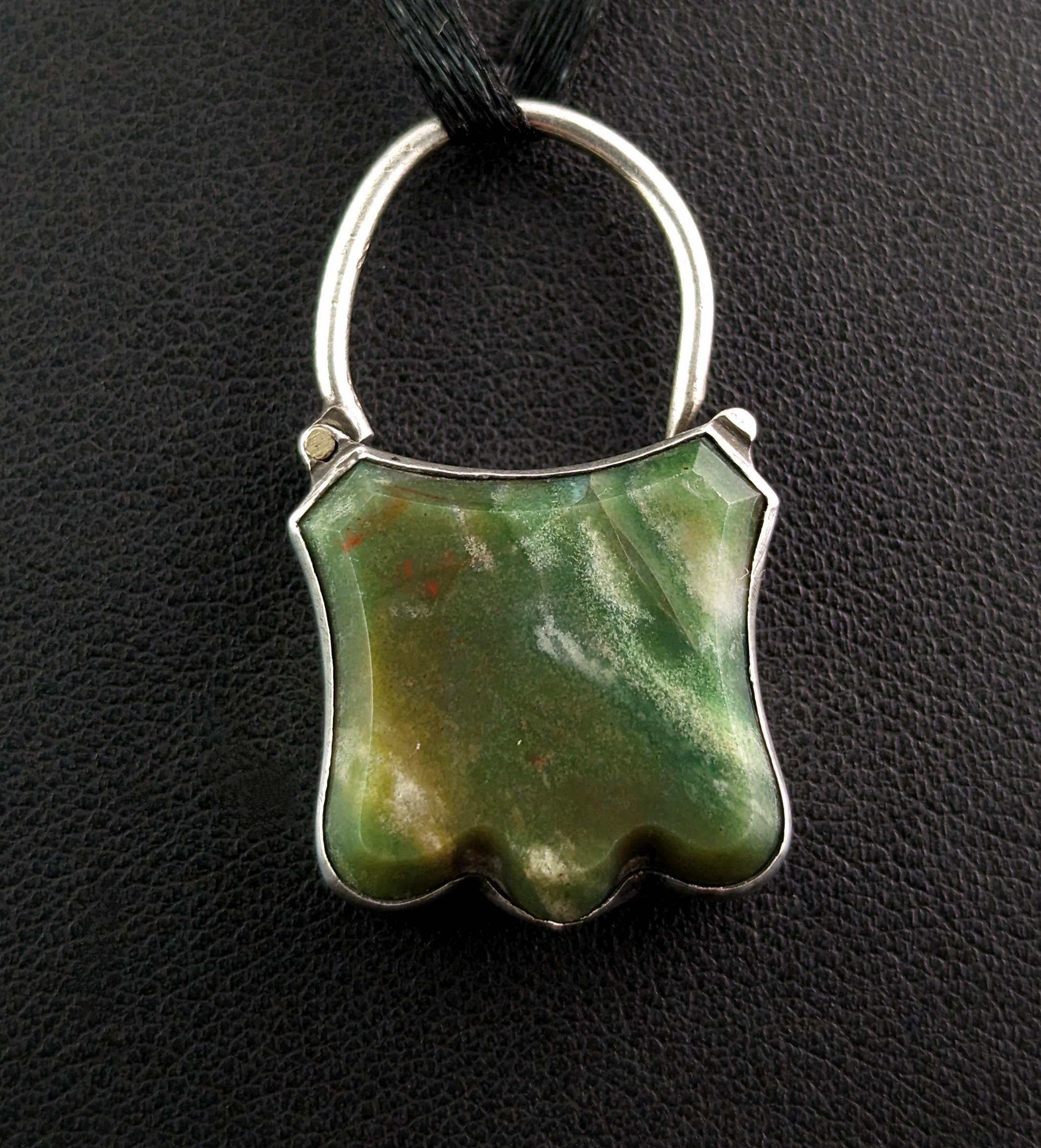 Antique Sterling Silver and Green Jasper Padlock Pendant, Victorian, Shield Shap 3