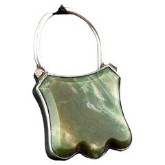 Pendentif ancien en argent sterling et jaspe vert, style victorien, avec abat-jour bouclier