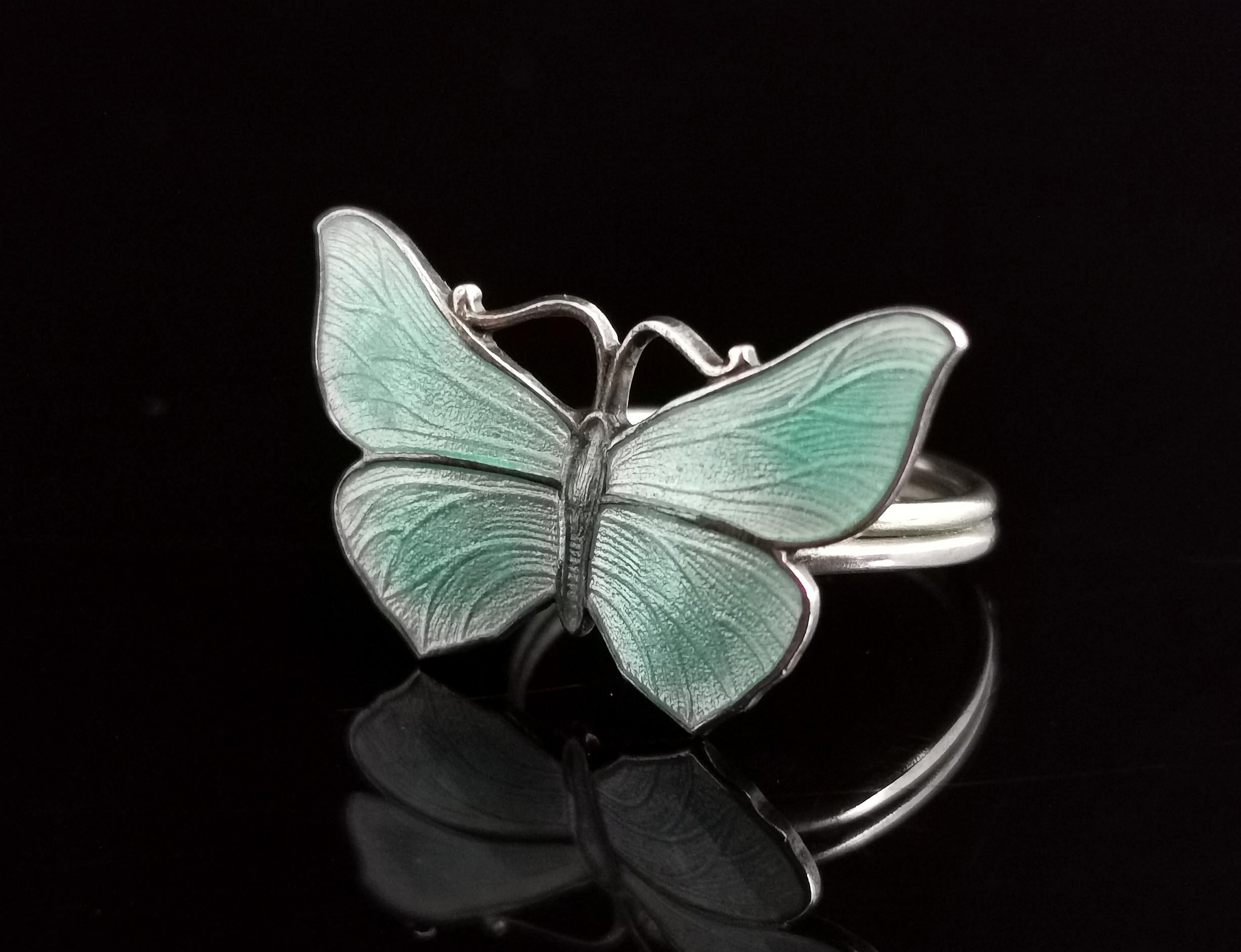 Antique Sterling Silver and Guilloche Enamel Butterfly Ring 3