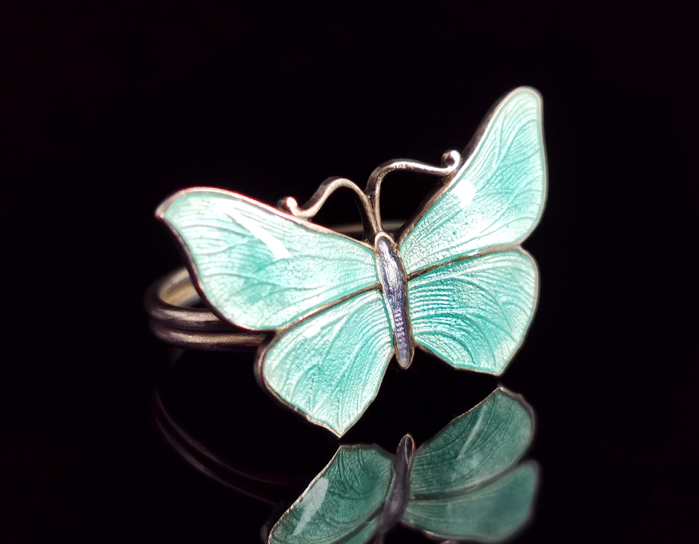 Antique Sterling Silver and Guilloche Enamel Butterfly Ring 4