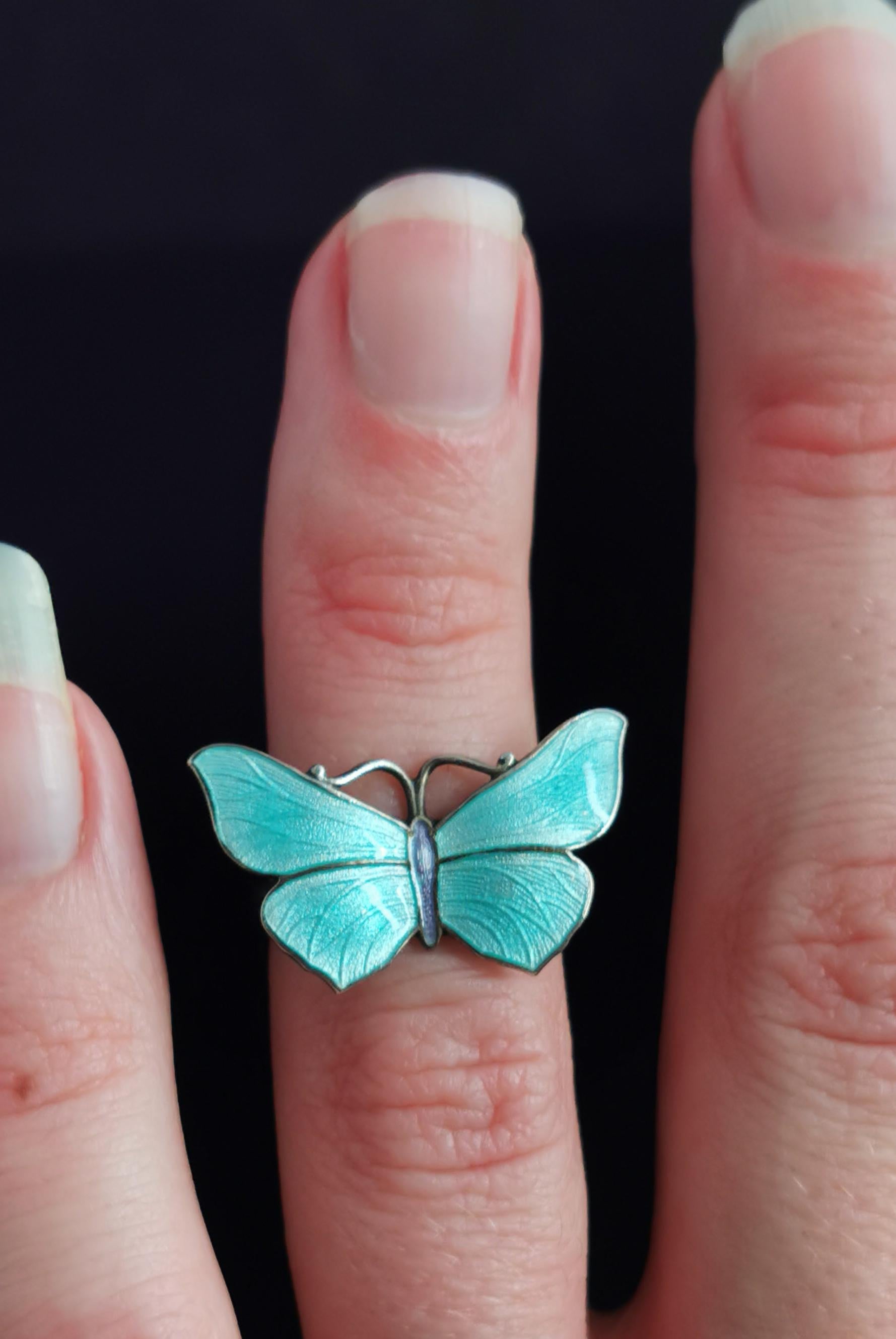 Art Deco Antique Sterling Silver and Guilloche Enamel Butterfly Ring