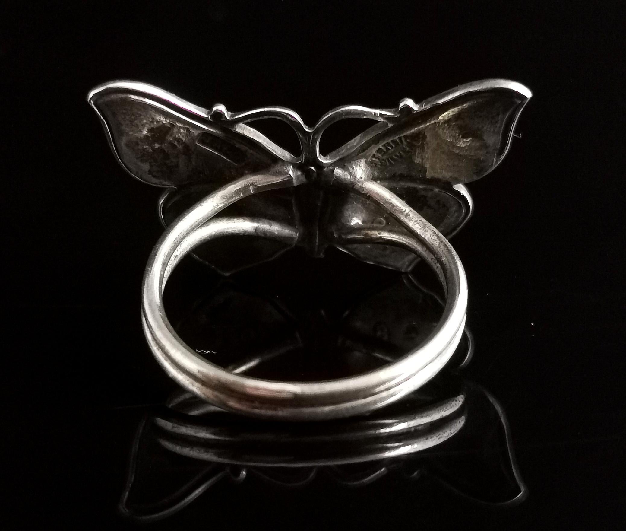 Antique Sterling Silver and Guilloche Enamel Butterfly Ring 1