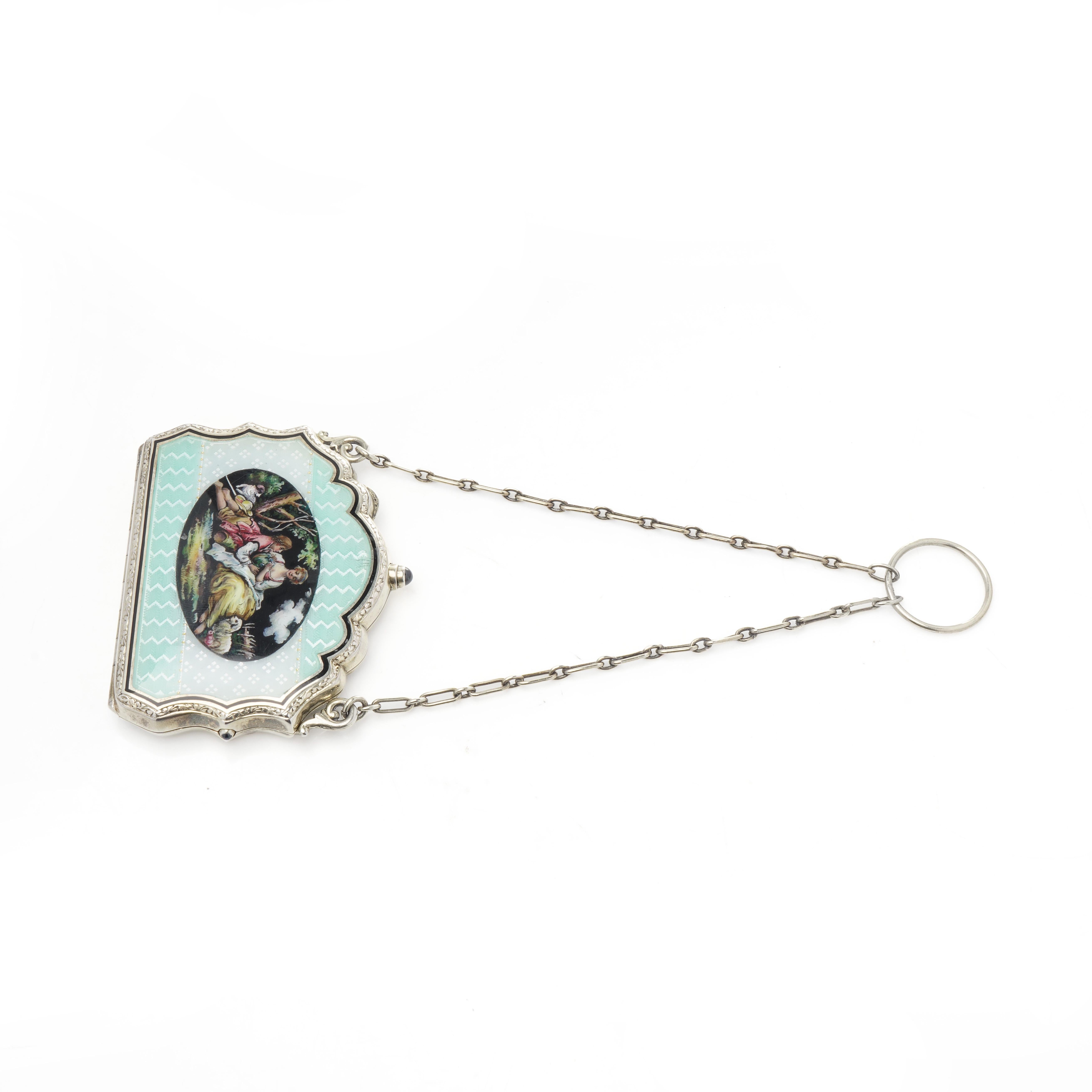 Neceser antiguo de plata de ley y esmalte guilloché con asa de cadena en Bueno estado para la venta en Braintree, GB