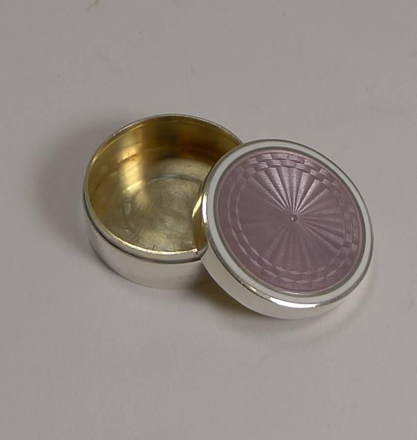 European Antique Sterling Silver and Lilac Guilloche Enamel Pill Box