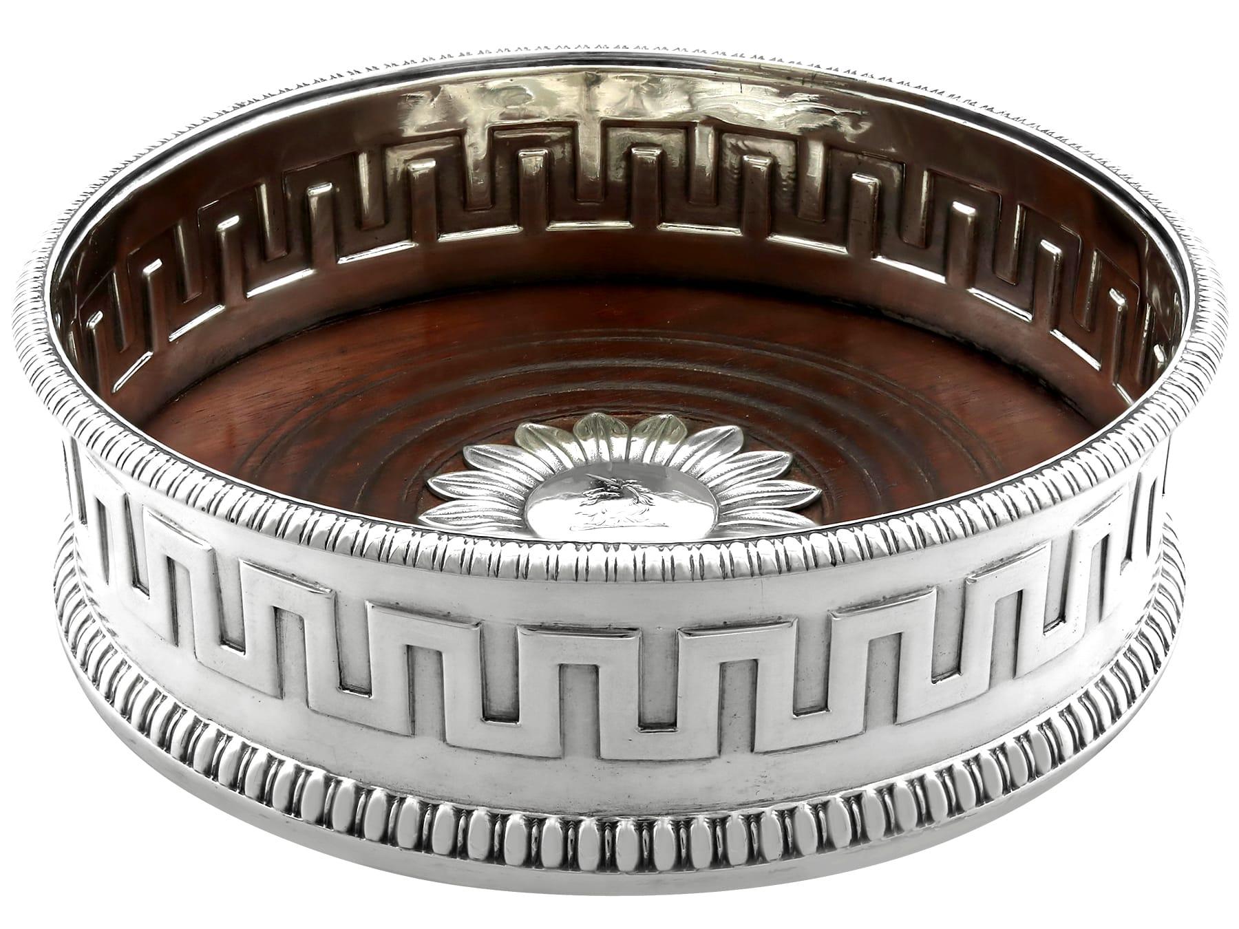 Early 19th Century Antique Sterling Silver and Mahogany Wine Coaster For Sale