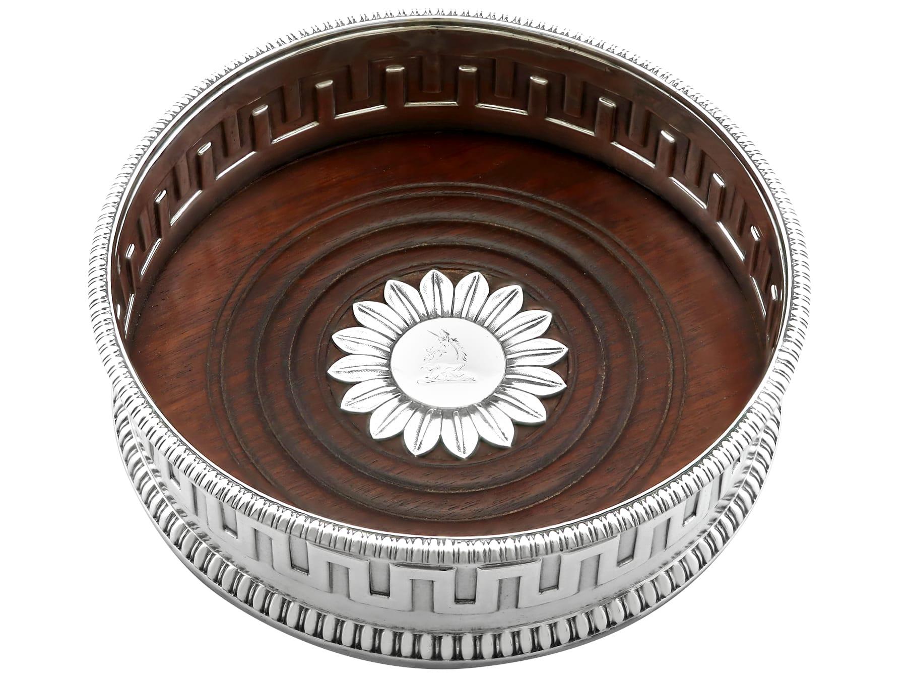 Antique Sterling Silver and Mahogany Wine Coaster For Sale 1