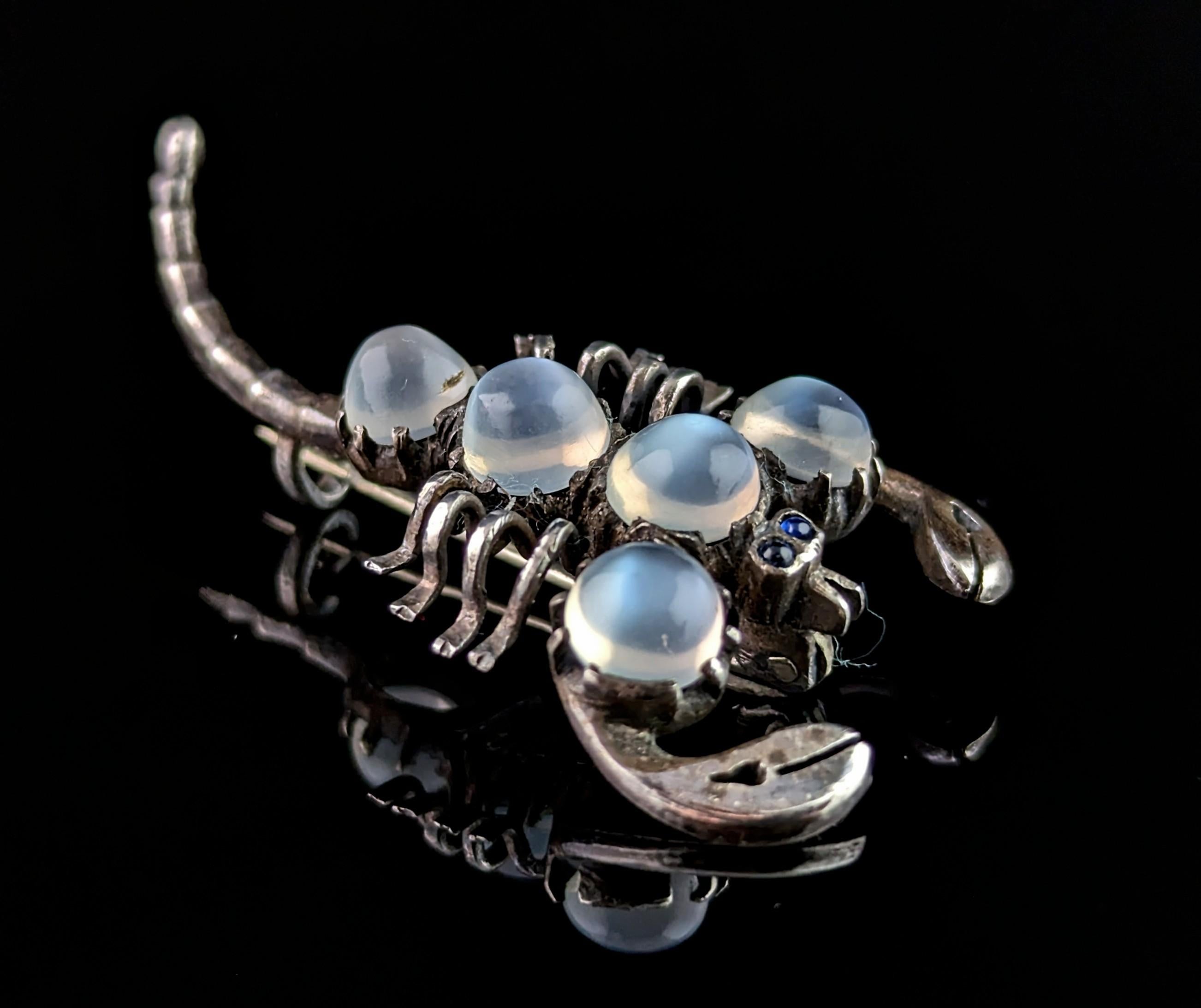 Antique Sterling silver and Moonstone scorpion brooch, blue paste eyes 4
