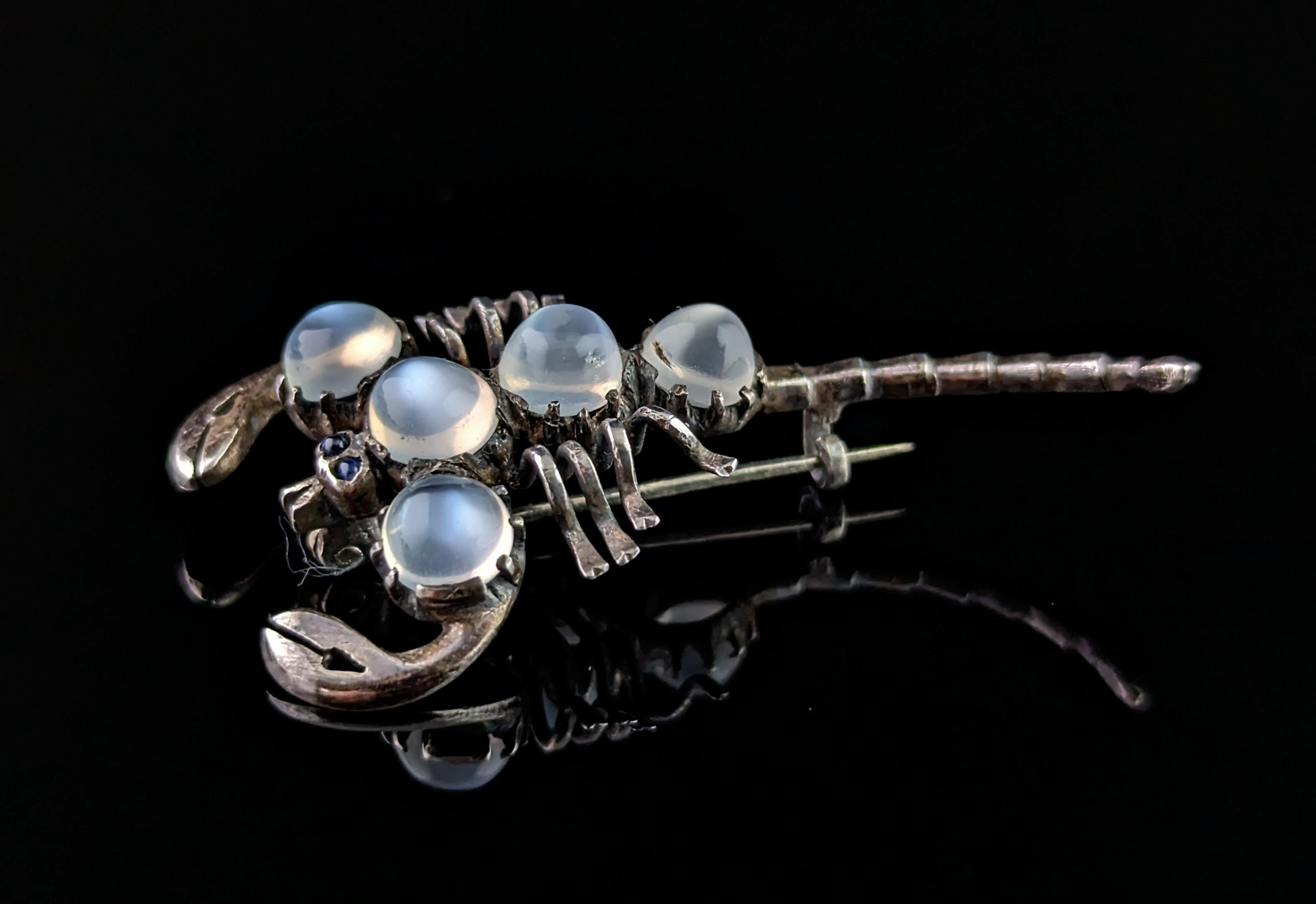 Antique Sterling silver and Moonstone scorpion brooch, blue paste eyes 5