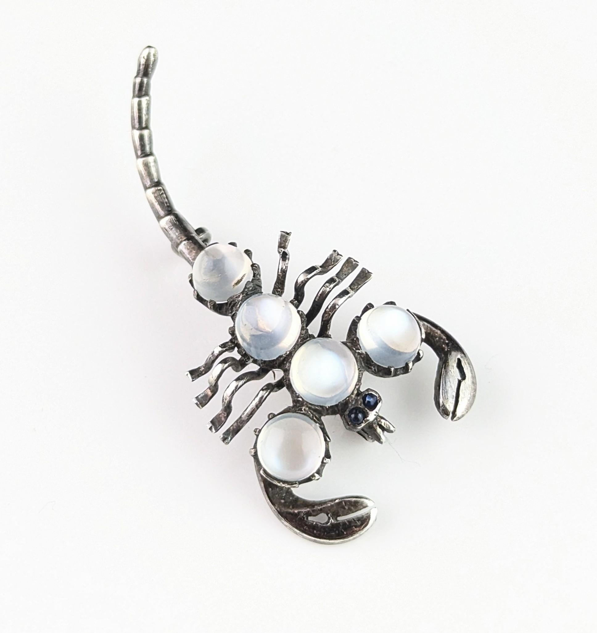 Antique Sterling silver and Moonstone scorpion brooch, blue paste eyes 6