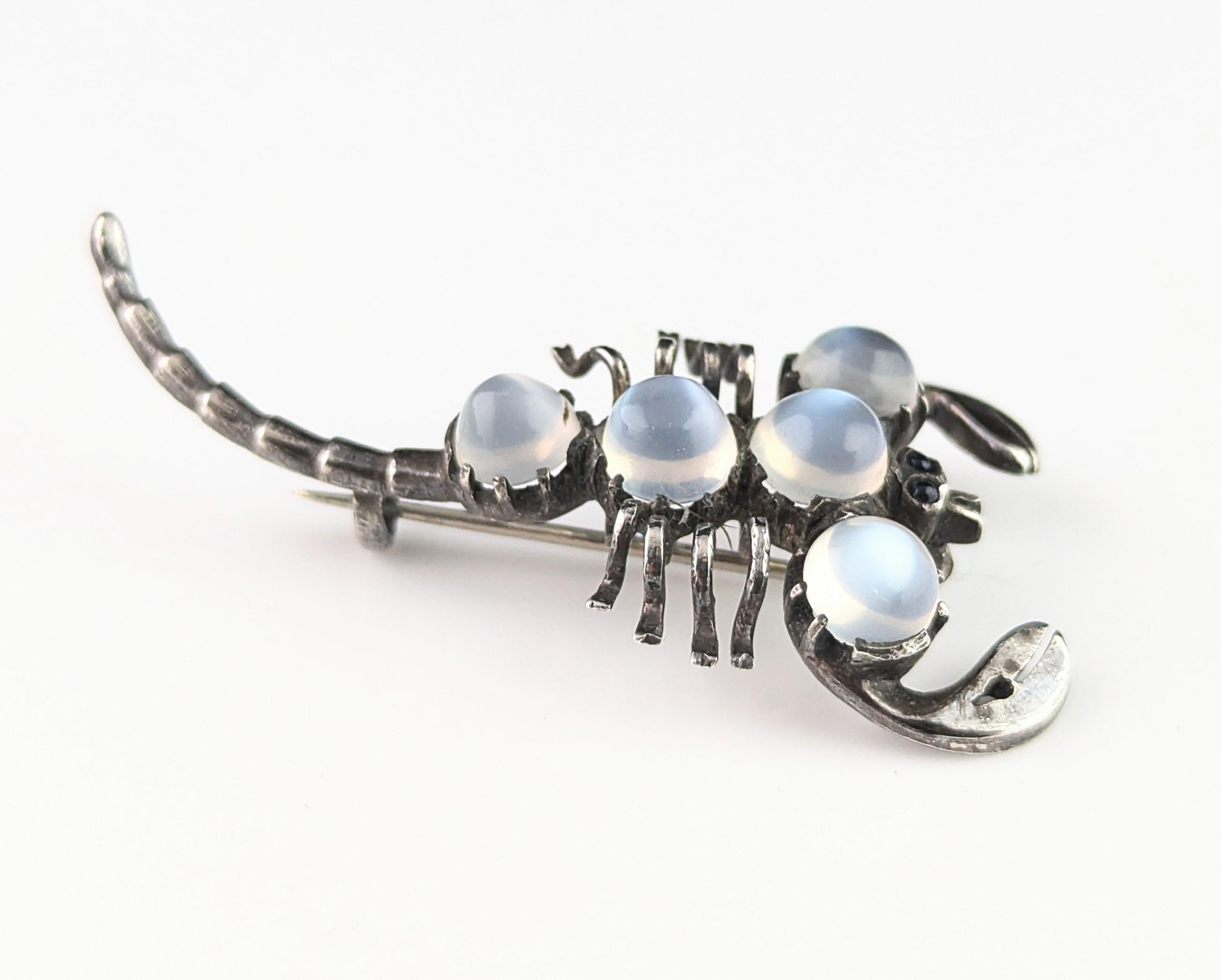 Antique Sterling silver and Moonstone scorpion brooch, blue paste eyes 7