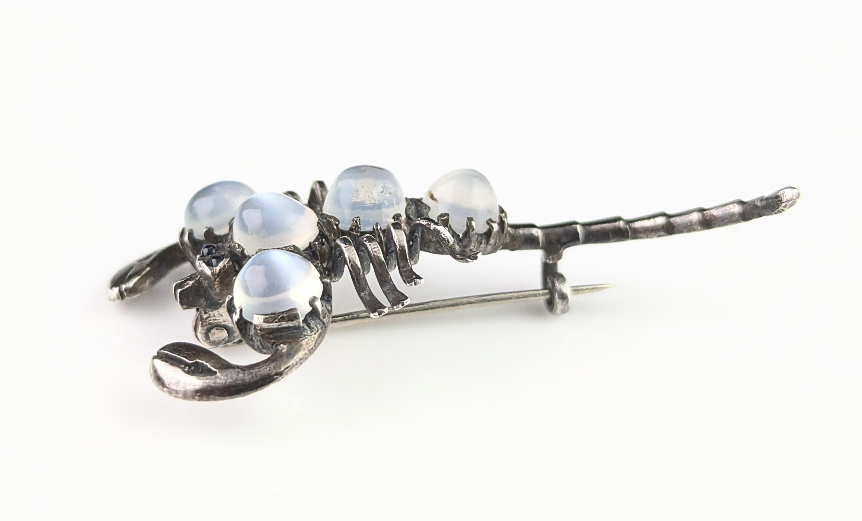 Antique Sterling silver and Moonstone scorpion brooch, blue paste eyes 9