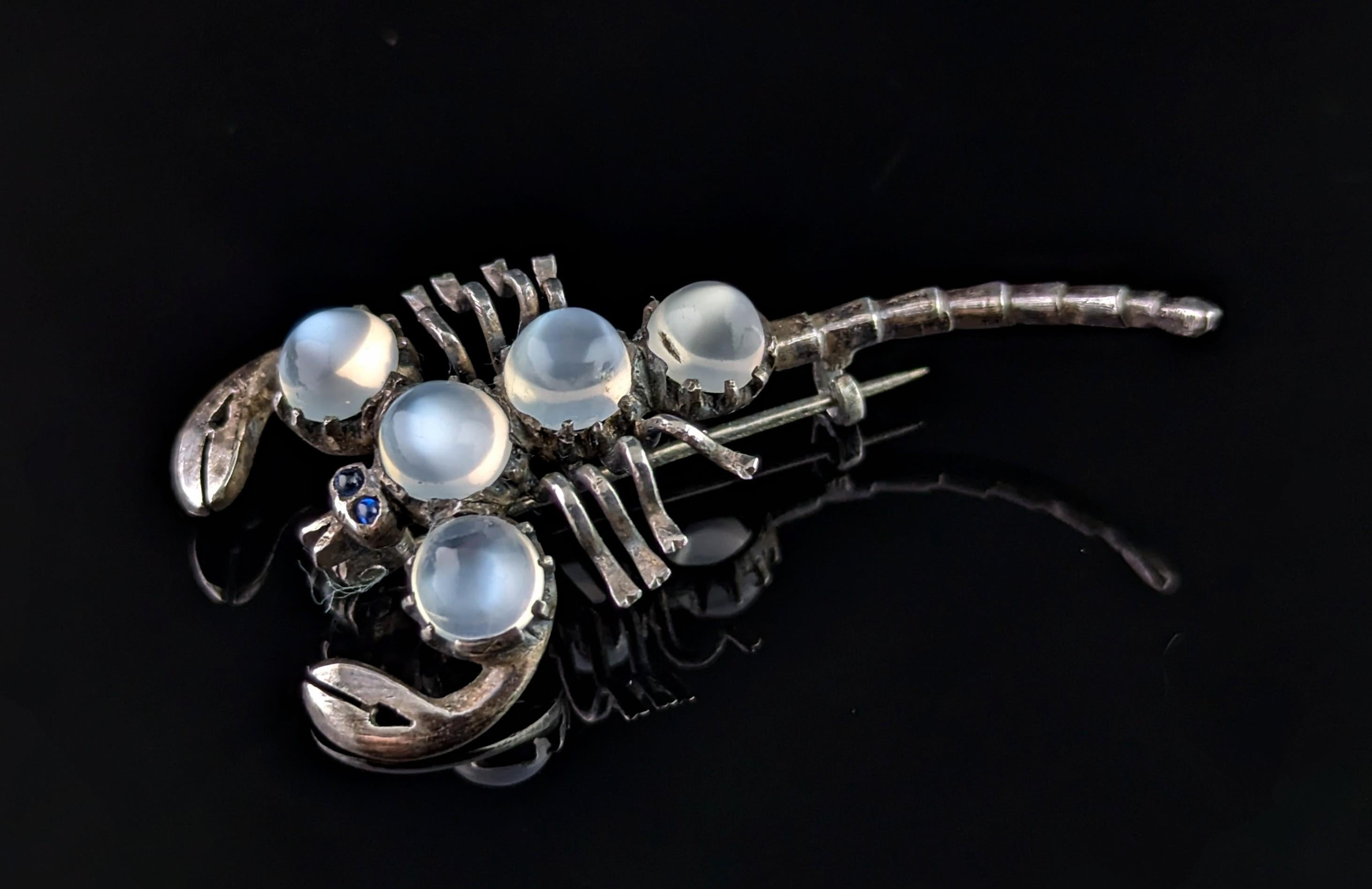 Victorian Antique Sterling silver and Moonstone scorpion brooch, blue paste eyes