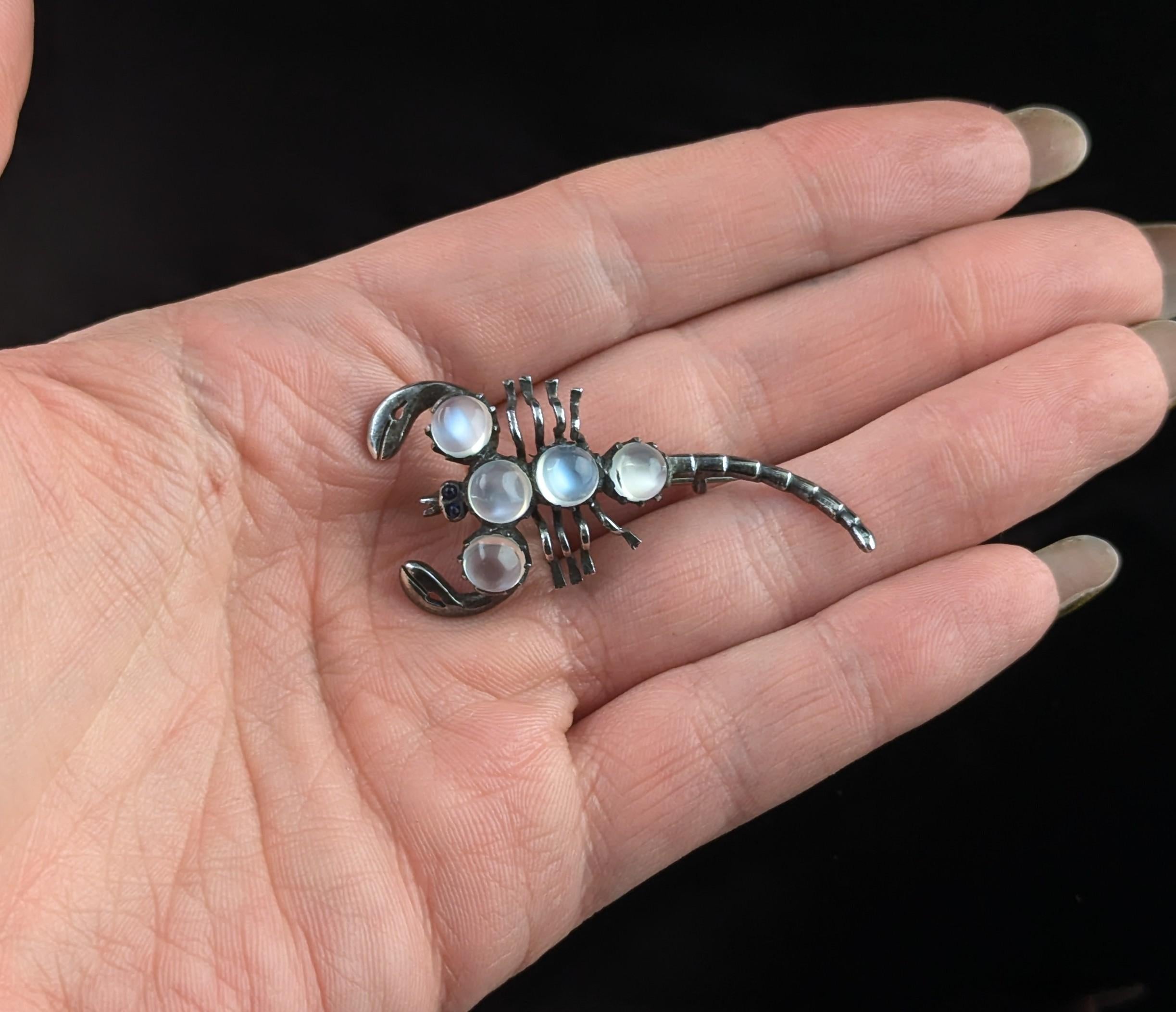 Cabochon Antique Sterling silver and Moonstone scorpion brooch, blue paste eyes