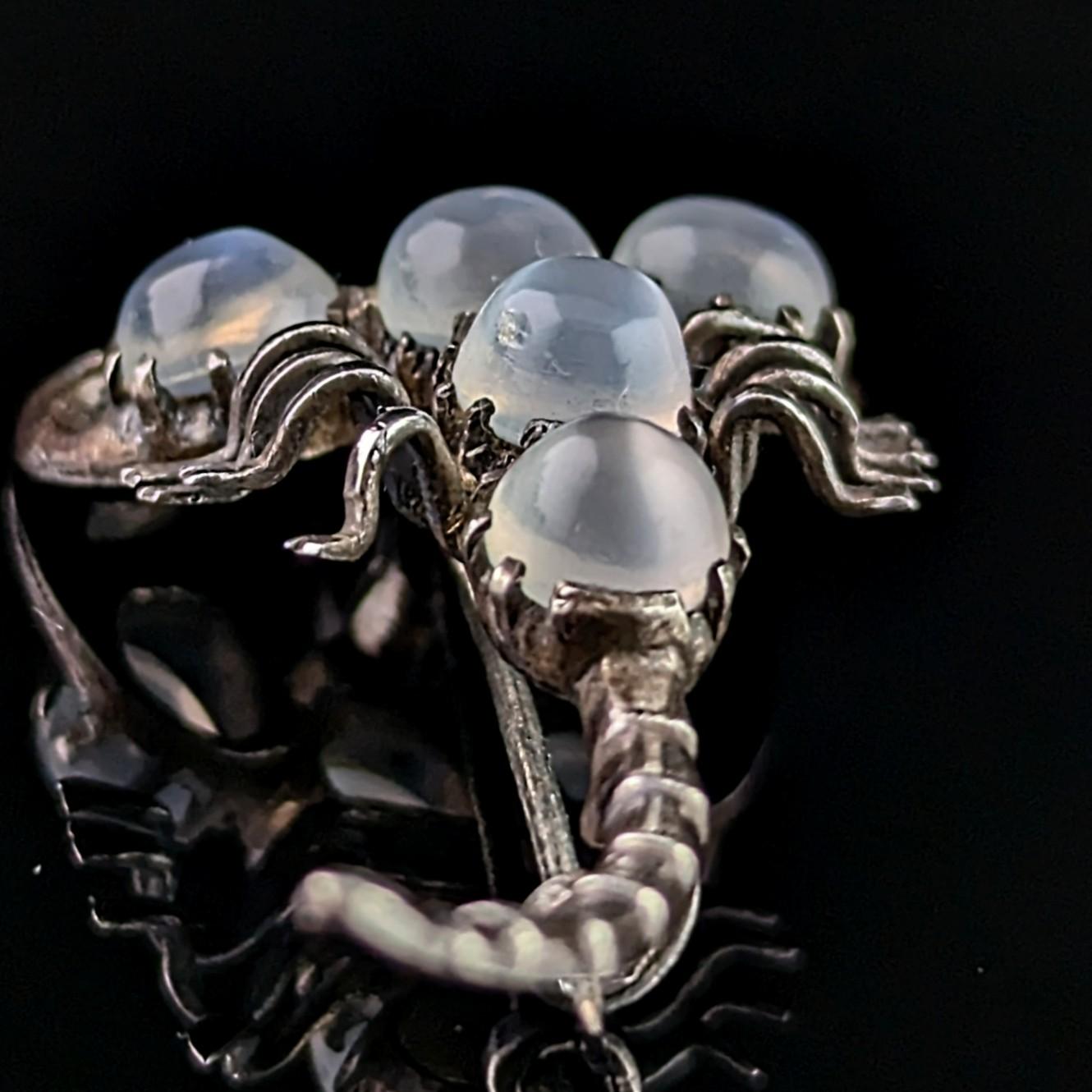 Antique Sterling silver and Moonstone scorpion brooch, blue paste eyes 1