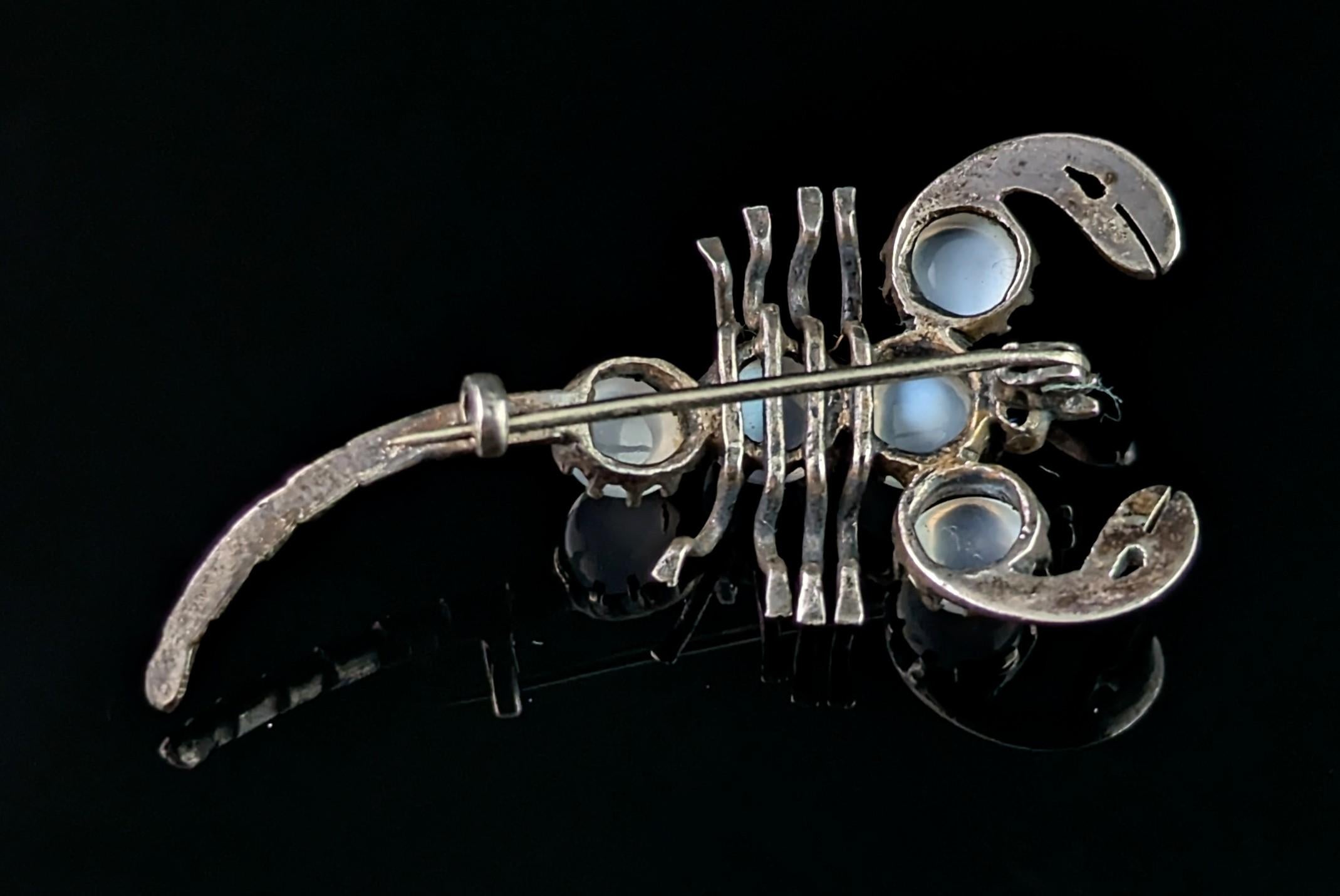 Antique Sterling silver and Moonstone scorpion brooch, blue paste eyes 2