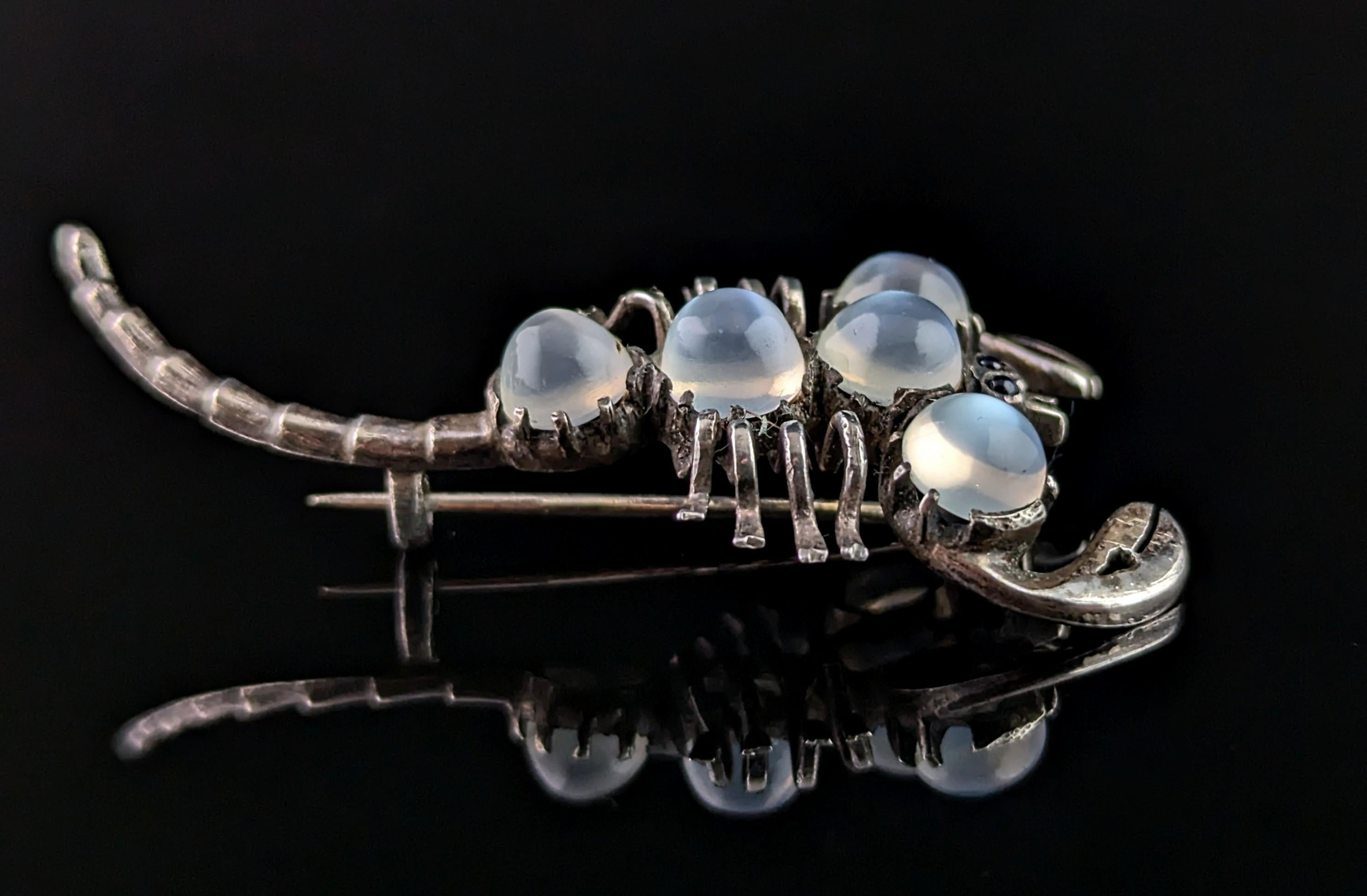 Antique Sterling silver and Moonstone scorpion brooch, blue paste eyes 3