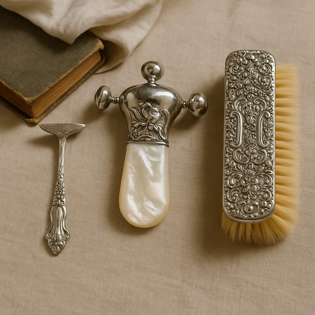 Un affascinante trio di articoli per la cameretta dell'inizio del XX secolo che incarna la maestria e l'artigianato di un'epoca passata. Con un sonaglio in madreperla con decorazioni in sterline, un spingi-cibo in sterline (1904 circa) e una