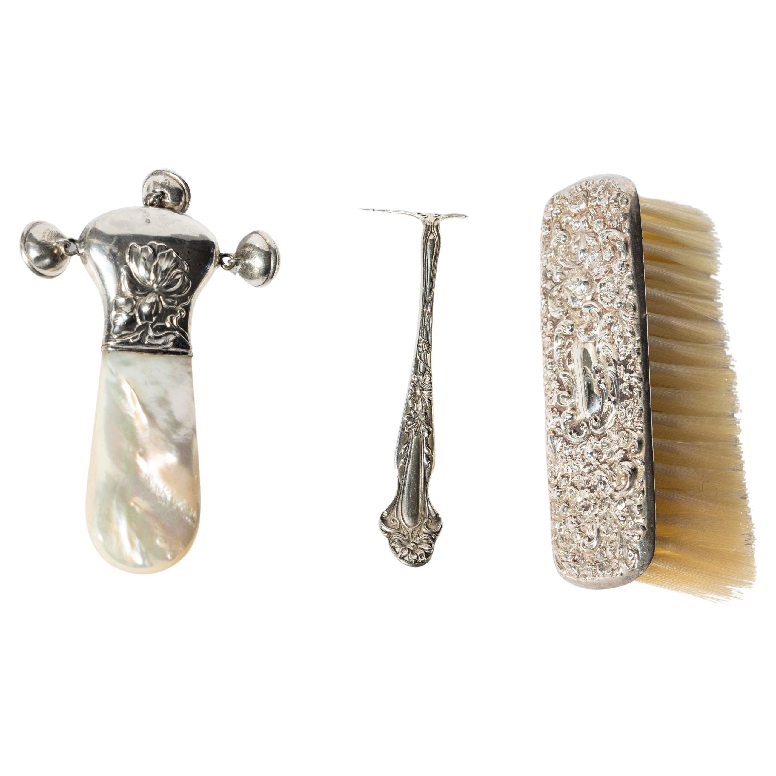 Antique Sterling Silver and Mother-of-Pearl Baby Set