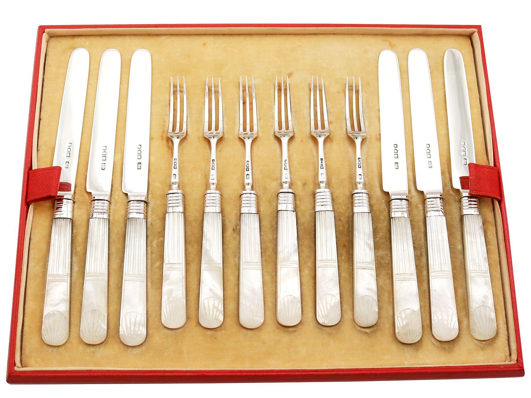 English Antique Sterling Silver and Mother of Pearl Fruit / Dessert Cutlery Service For Sale