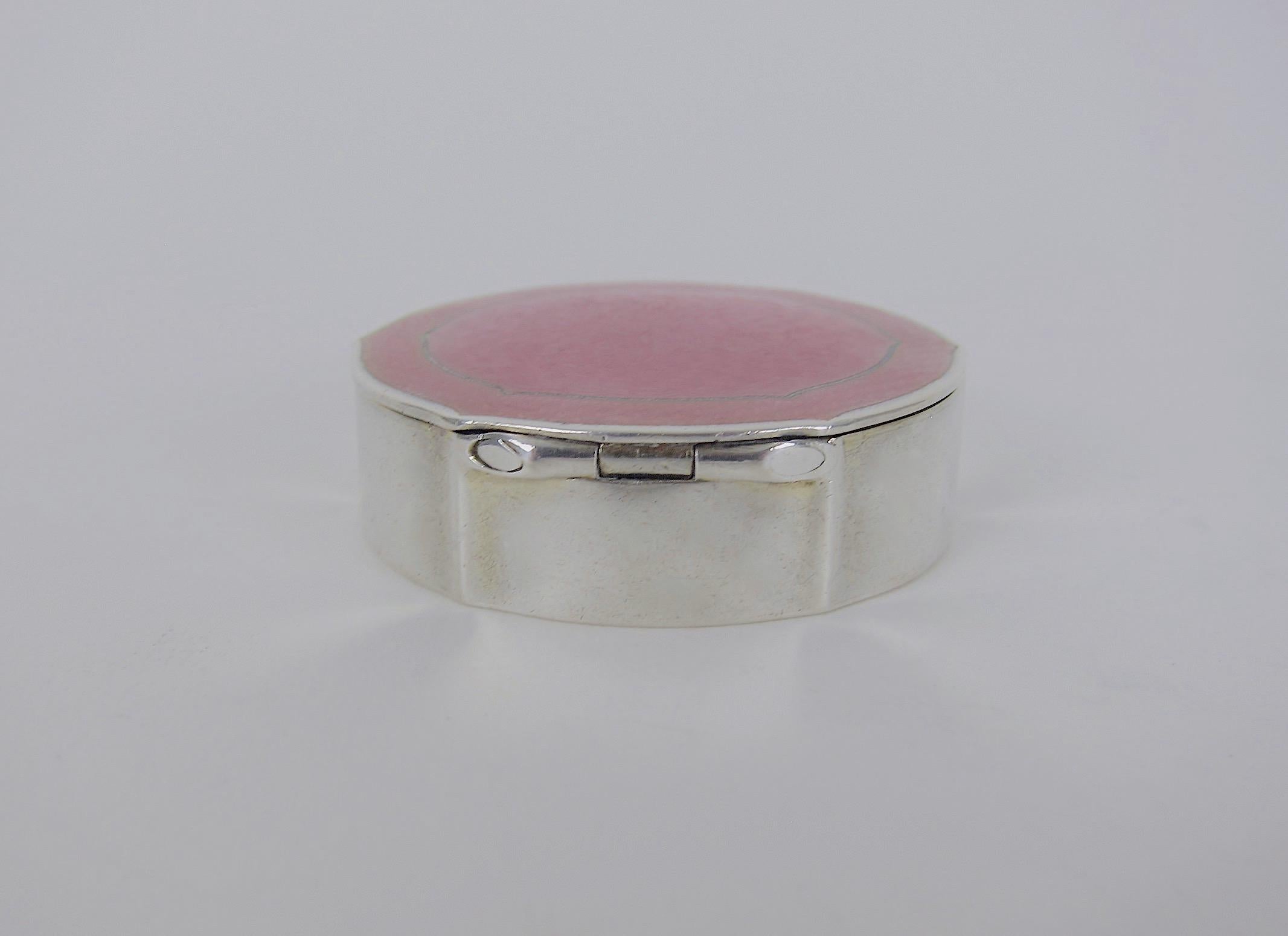 Antique Sterling Silver and Pink Guilloche Enamel Patch or Pill Box 2