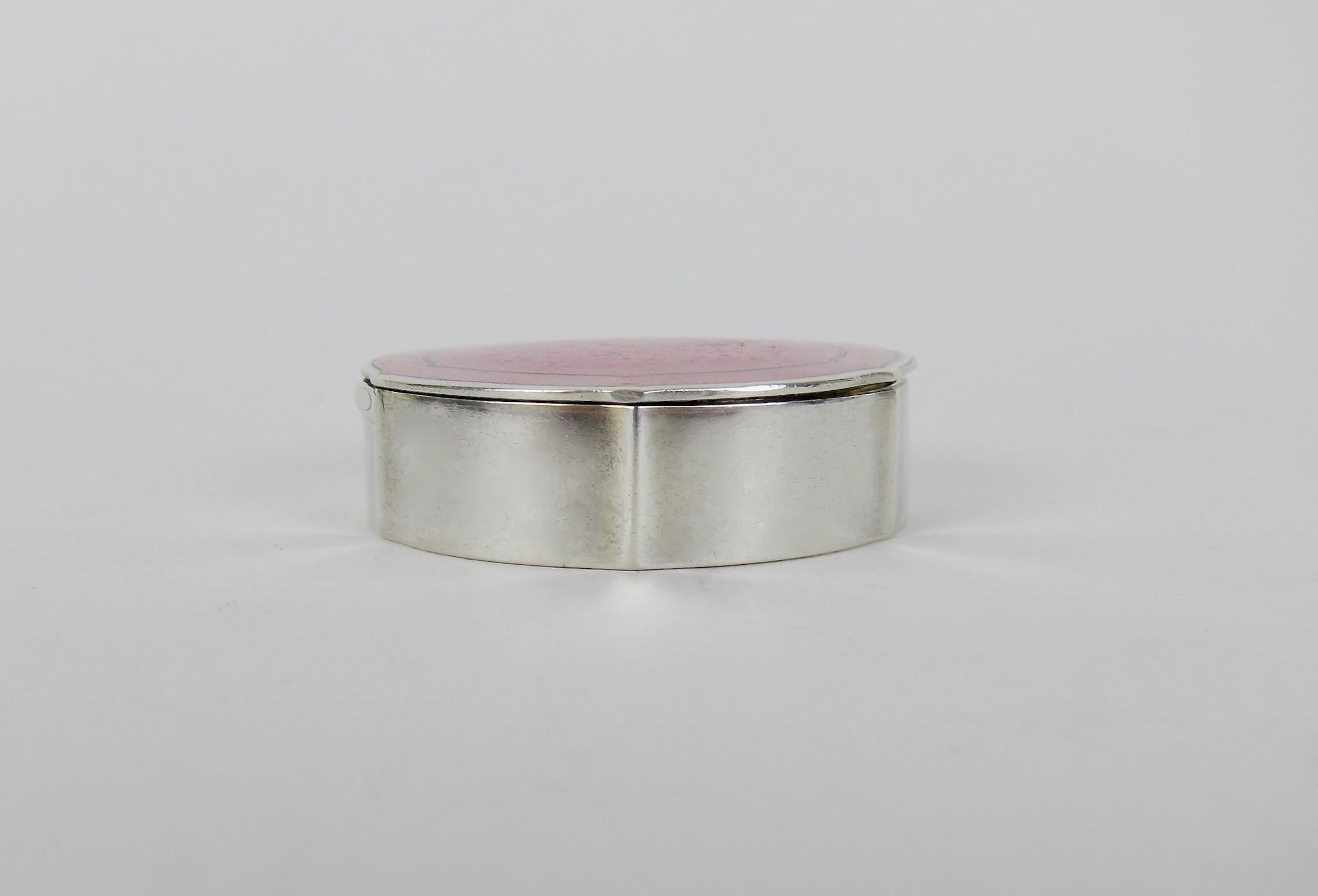 Antique Sterling Silver and Pink Guilloche Enamel Patch or Pill Box 3