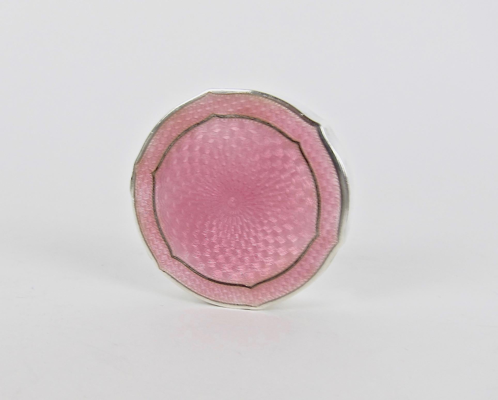 Unknown Antique Sterling Silver and Pink Guilloche Enamel Patch or Pill Box