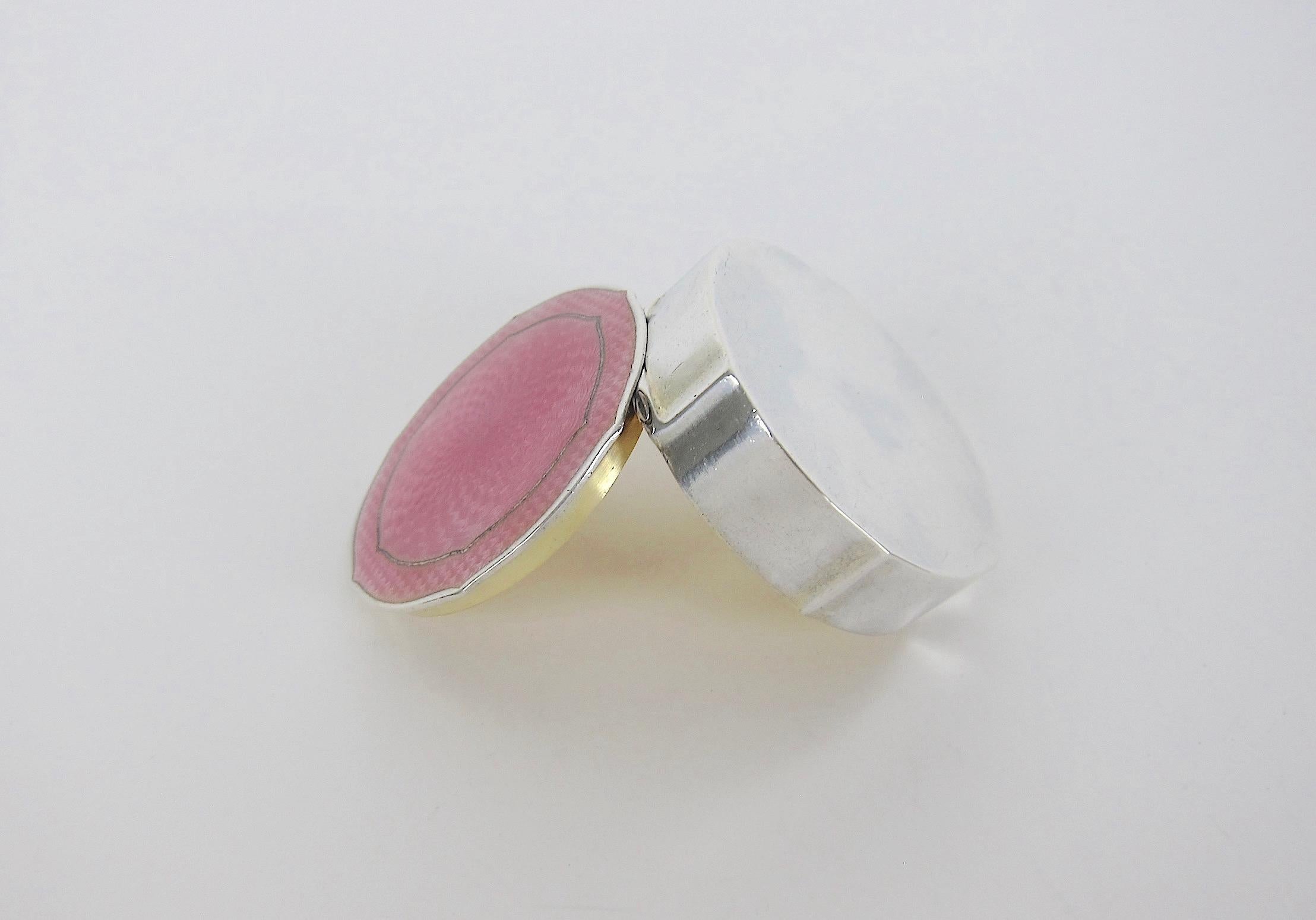 Antique Sterling Silver and Pink Guilloche Enamel Patch or Pill Box In Good Condition In Los Angeles, CA