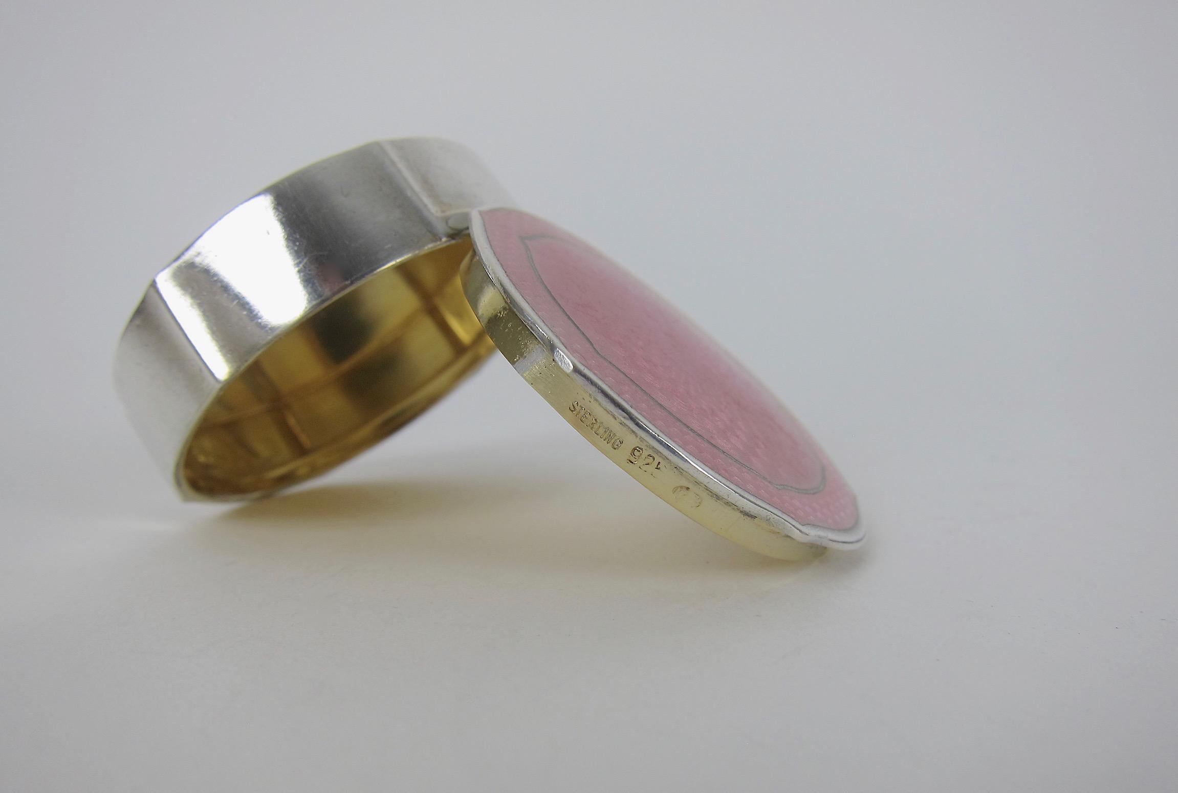 20th Century Antique Sterling Silver and Pink Guilloche Enamel Patch or Pill Box