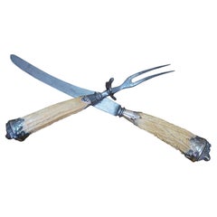 Antique Sterling Silver Antler Stag Horn Cows Head Fork & Knife Meat Carving Set