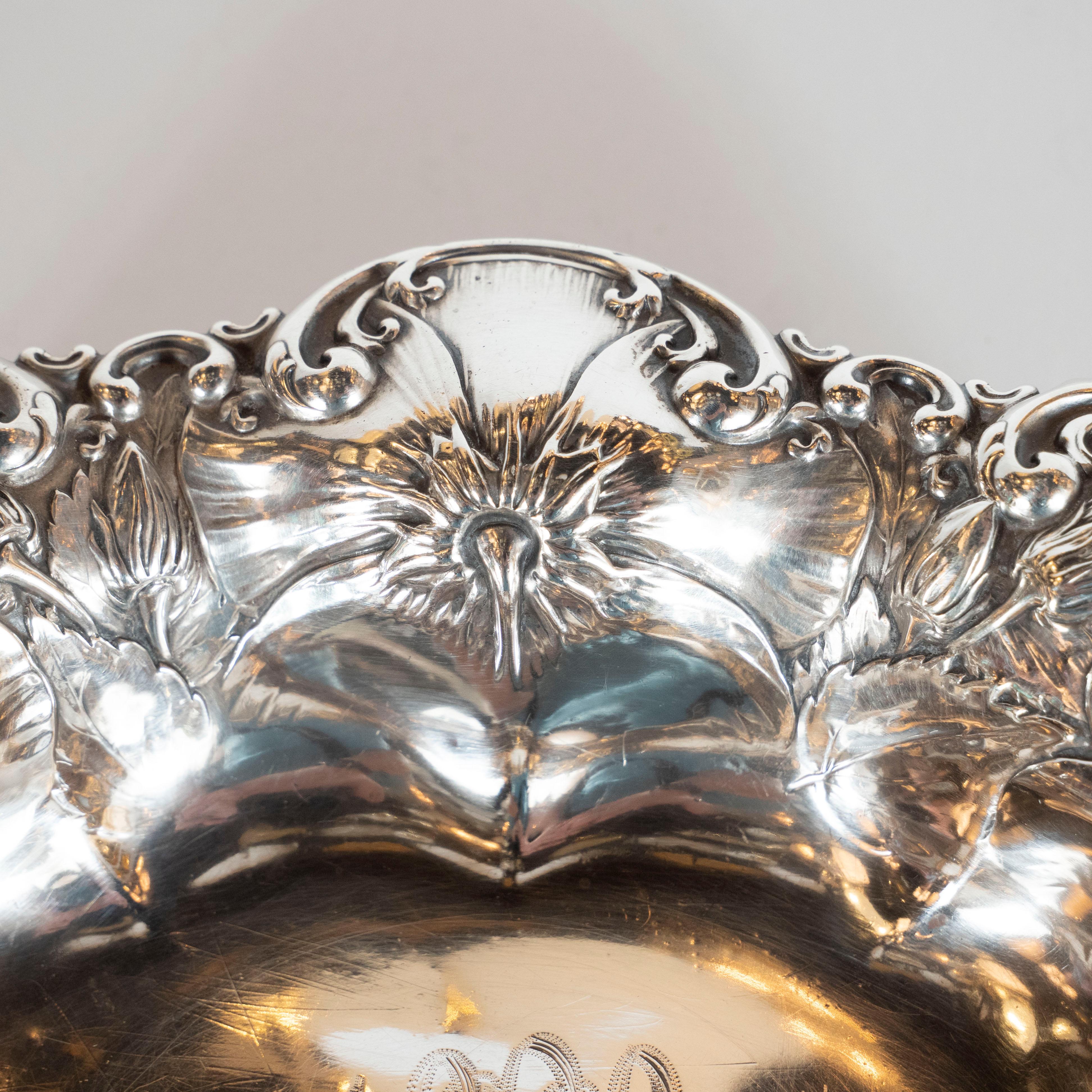 Antique Sterling Silver Art Nouveau Decorative Bowl with Morning Glory Motif In Excellent Condition For Sale In New York, NY