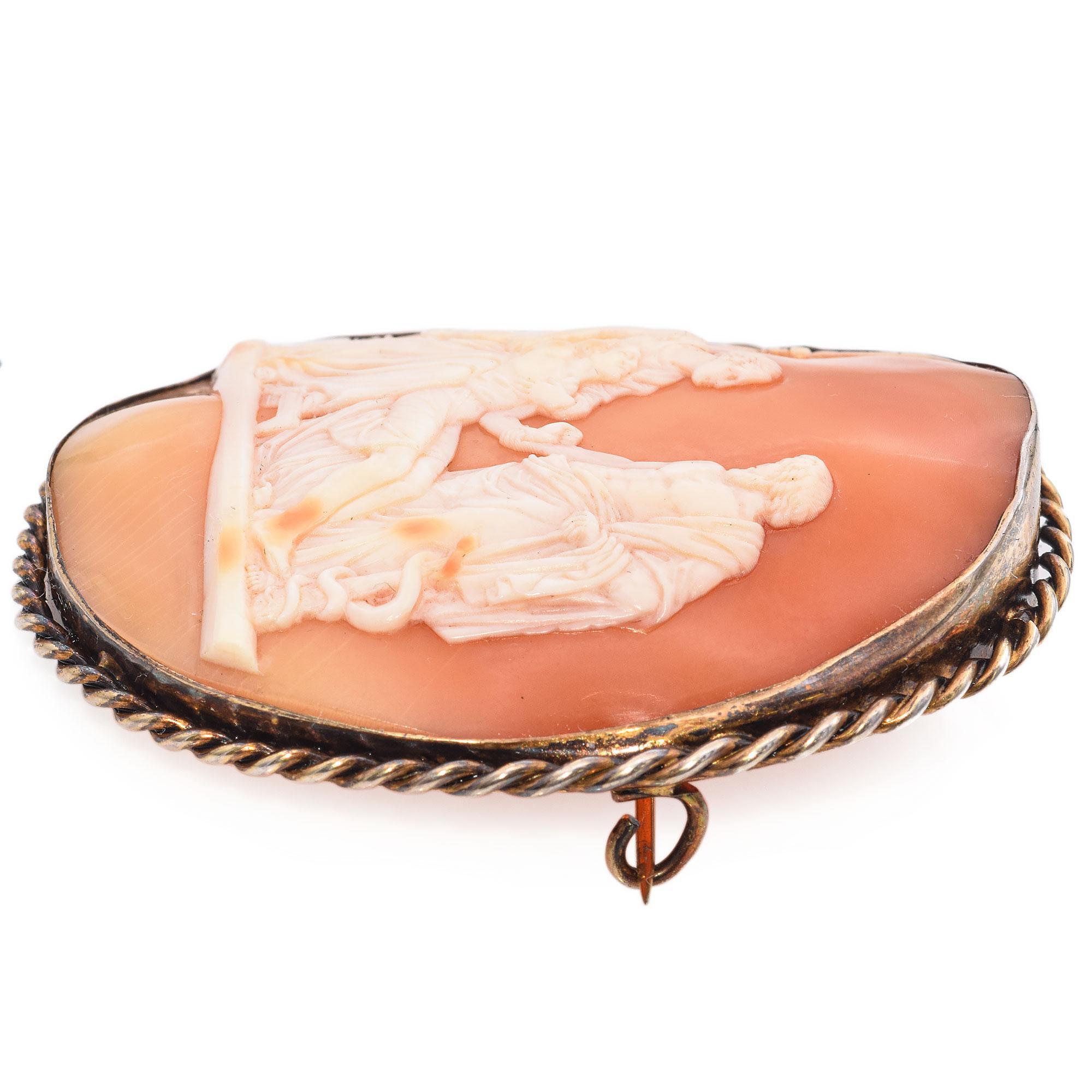 Antique Sterling Silver Asclepius God of Medicine Cameo Brooch In Good Condition In New York, NY