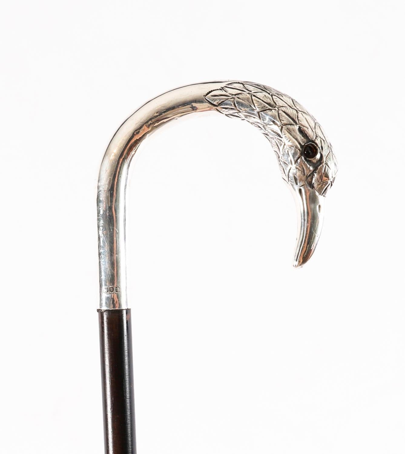 Bastone da passeggio antico in argento sterling con uccello Londra 1914 90 cm 35,5 pollici in vendita 1