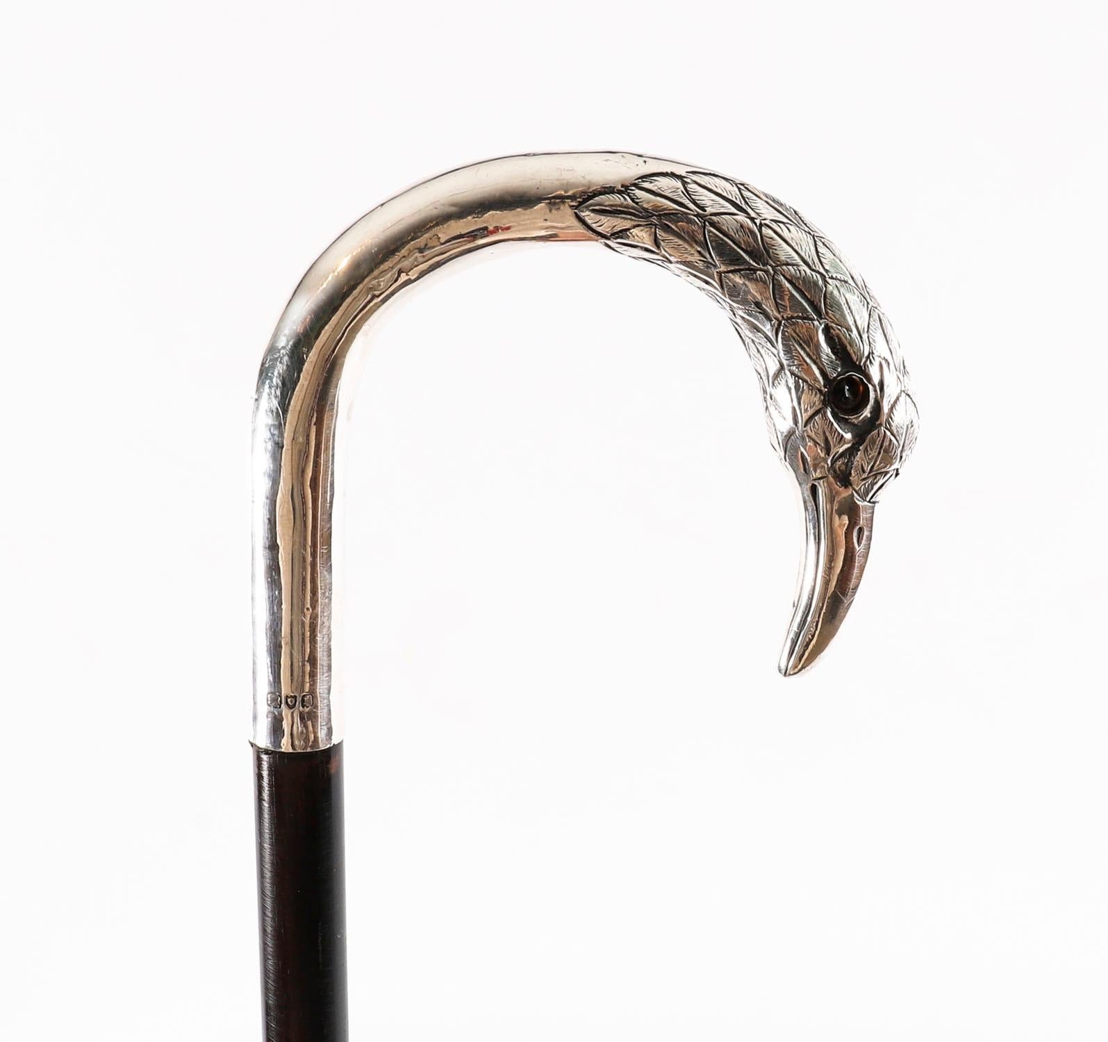 Bastone da passeggio antico in argento sterling con uccello Londra 1914 90 cm 35,5 pollici in vendita 4