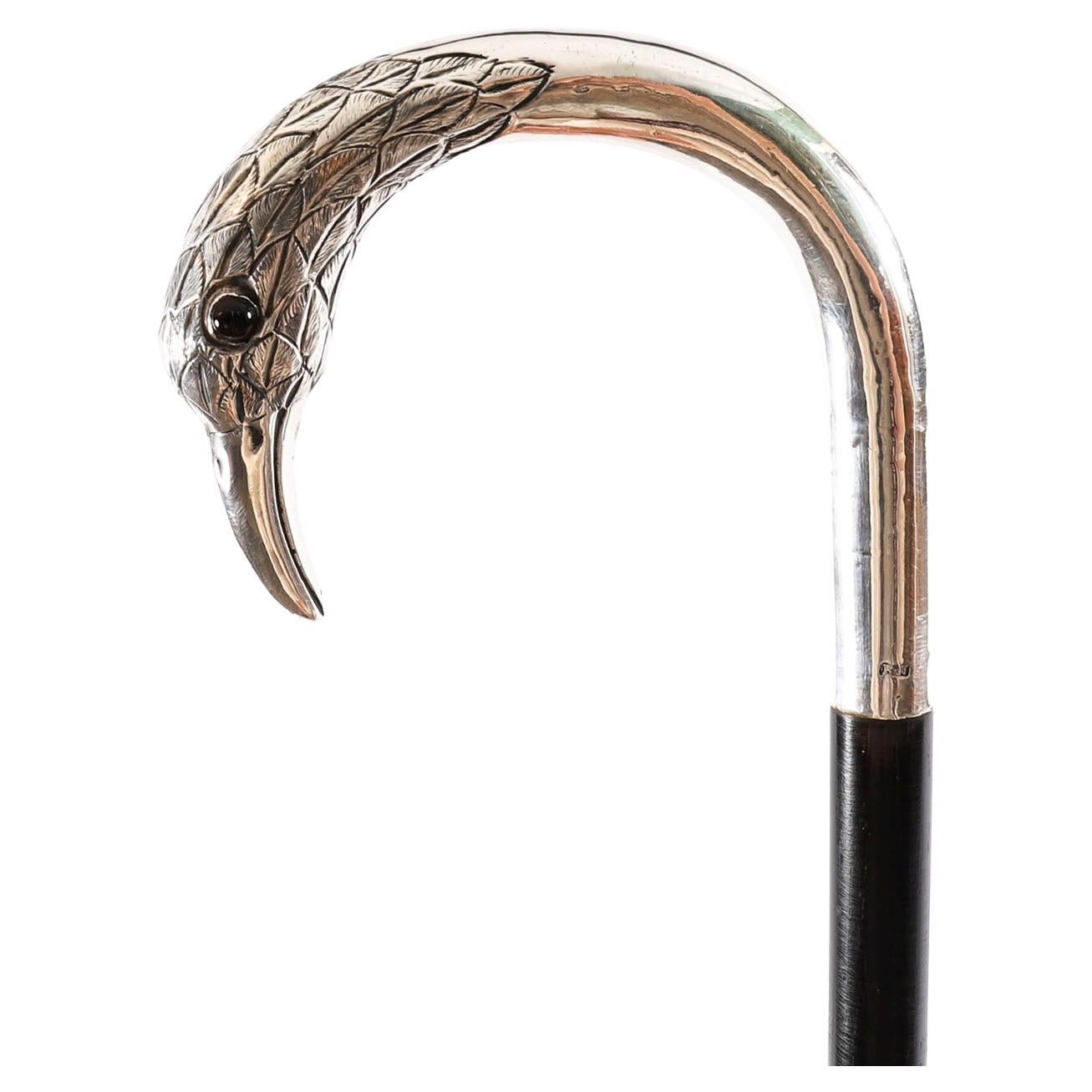 Antique Sterling Silver Bird Walking Stick Cane London 20th Century For Sale
