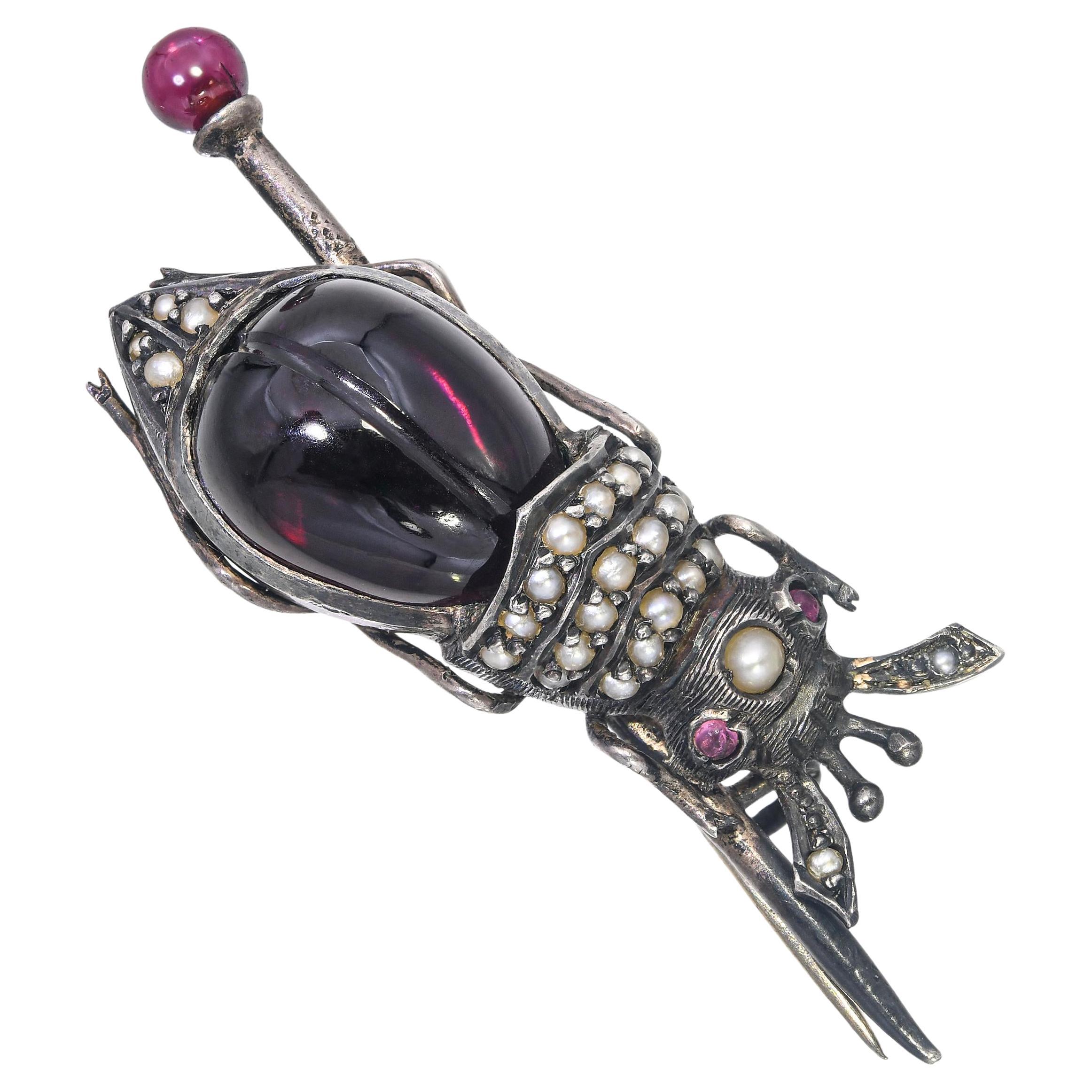 Antique Sterling Silver Bohemian Garnet and Pearl Beetle Brooch