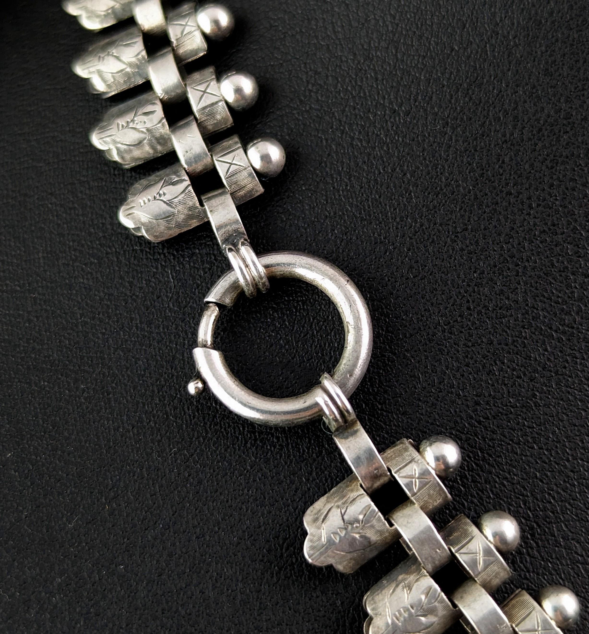Aesthetic Movement Antique sterling silver book chain necklace, Victorian aesthetic era 