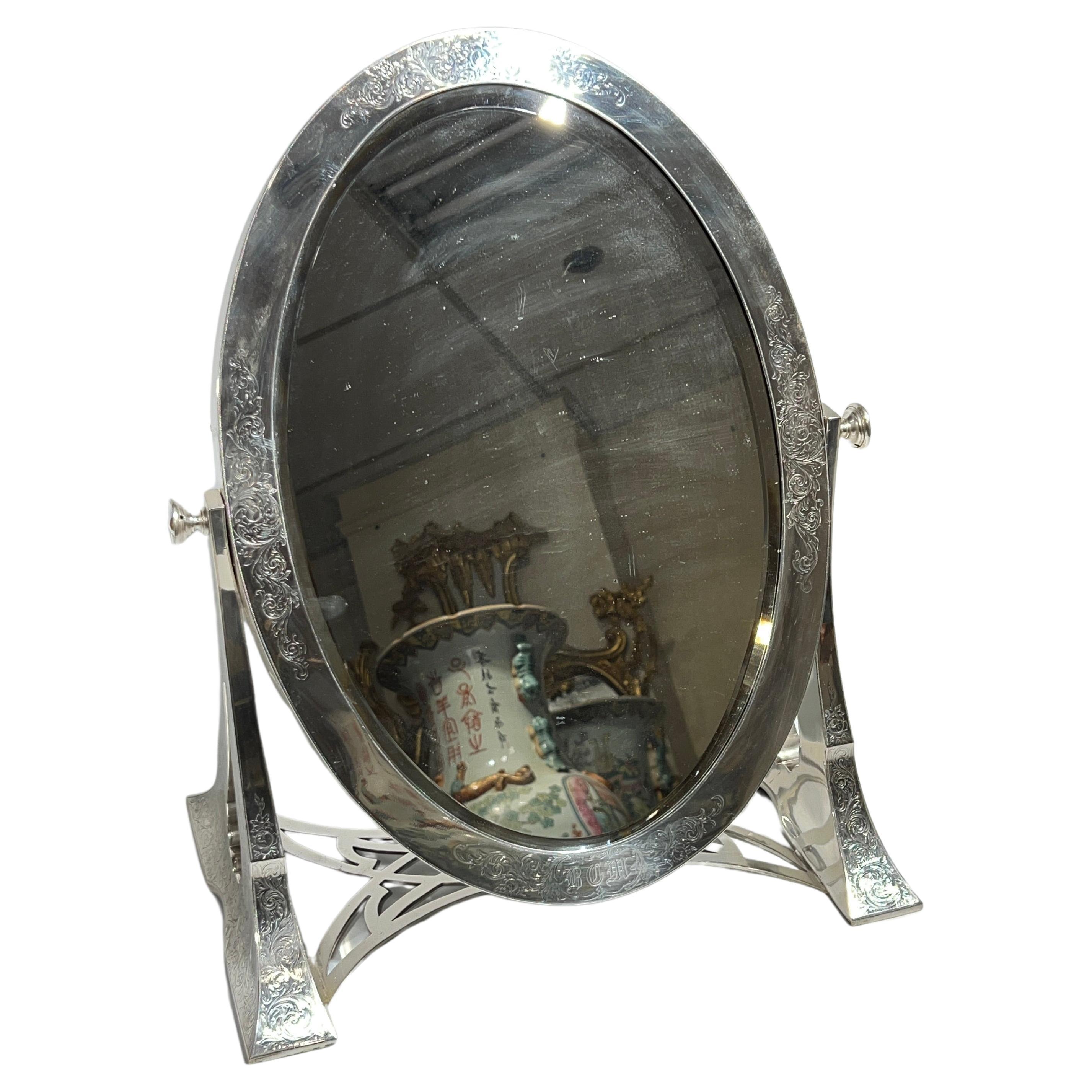 Antique Sterling Silver Boudoir Dressing Tabletop Mirror For Sale
