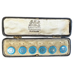 Antiguo juego de seis botones de plata de ley Tudor Rosa Turquesa Esmalte de fondo