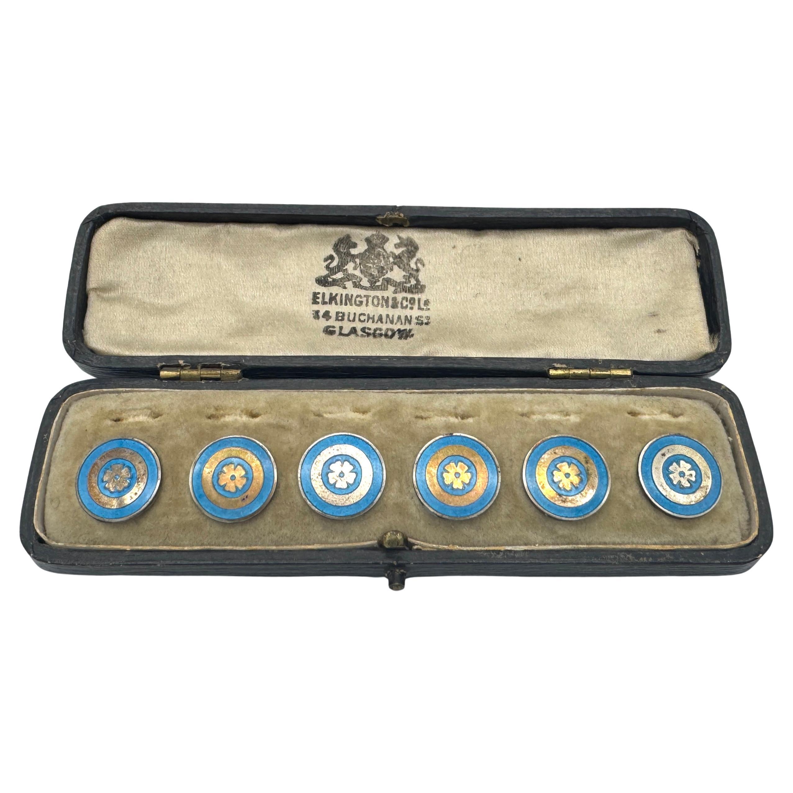 Antique Set of Six Sterling Silver Buttons Tudor Rose Turquoise Enamel Ground For Sale